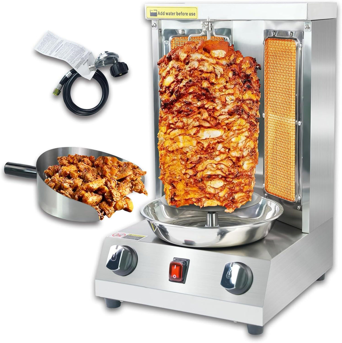 Machine à shawarma à gaz verticale rôtissoire avec 2 brûleurs, machine à kebab et gyros avec pelle