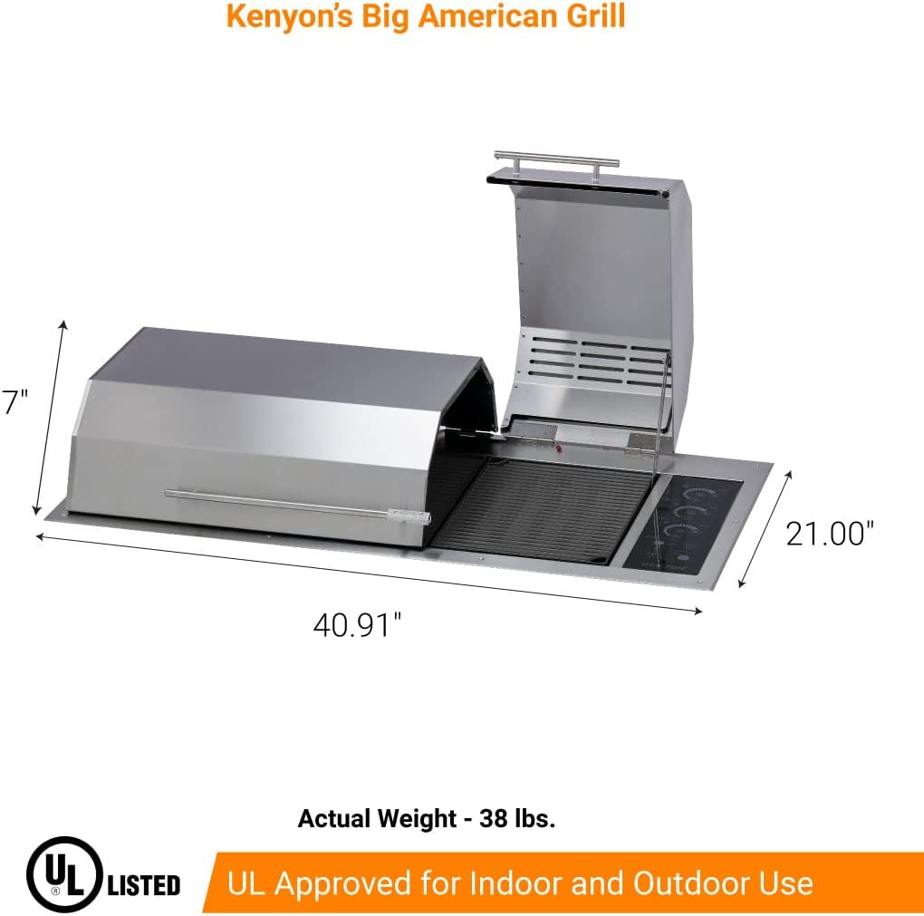 BBQ Grill électrique Kenyon « The Big American BBQ Grill », avec 3 brûleurs et couvercle en deux parties, corps en acier inoxydable, grille antirouille avec commandes tactiles IntelliKEN, homologué UL pour une utilisation intérieure et extérieure