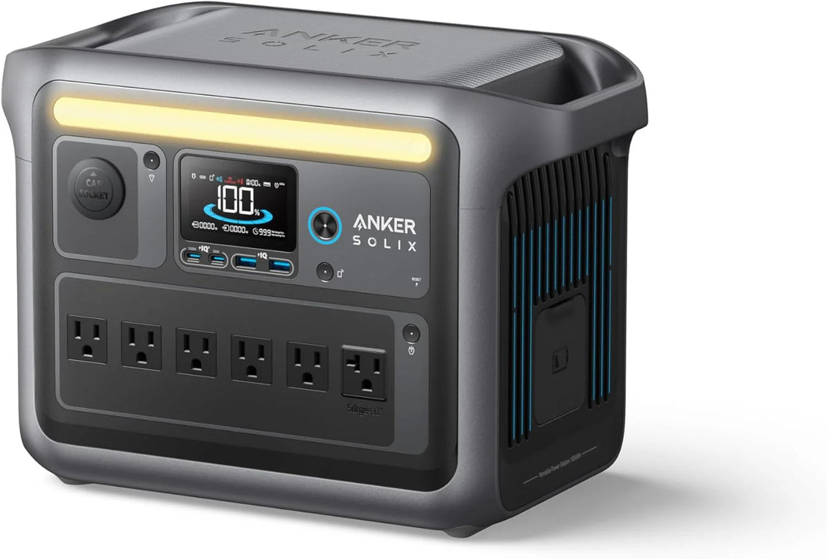 Station d'alimentation compact and portable Anker SOLIX C1000 avec panneau solaire de 200 W, générateur solaire de 1 800 W, batterie LFP (LiFePO4) de 1 056 Wh, 6 prises secteur, jusqu'à 2 400 W pour la maison, les pannes de courant et le camping.