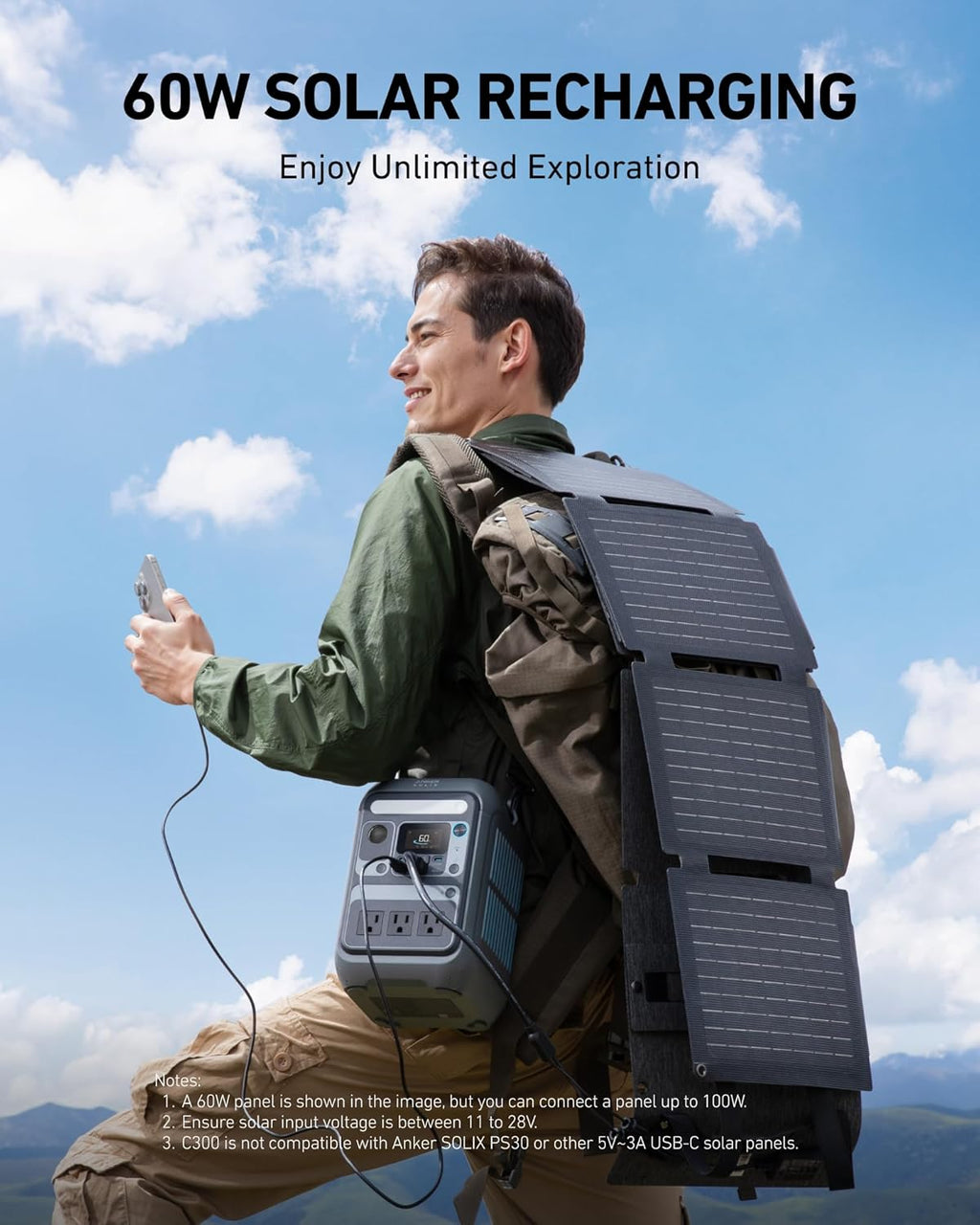 Générateur solaire Anker SOLIX C300 avec panneau solaire 60 W, station d'alimentation compact and portable 288 Wh, batterie LiFePO4 300 W (600 W en crête), charge rapide bidirectionnelle 140 W pour le camping, les voyages et les situations d'urgence.
