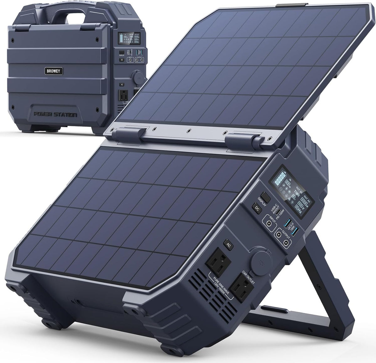 Station d'alimentation compact and portable BROWEY 1600 W (3200 W en crête) avec batterie LiFePO4 1024 Wh, panneau solaire intégré, générateur solaire USB-C PD 100 W pour camping, camping-car, maison, alimentation de secours et urgence (bleu foncé)