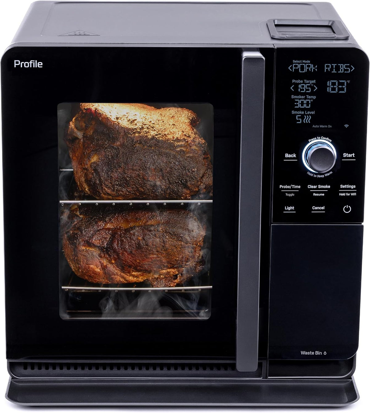 Fumoir à granulés d'intérieur intelligent GE Profile™ avec filtration active de la fumée, 5 réglages de contrôle de la fumée, connecté en Wi-Fi, BBQ électrique de comptoir, noir