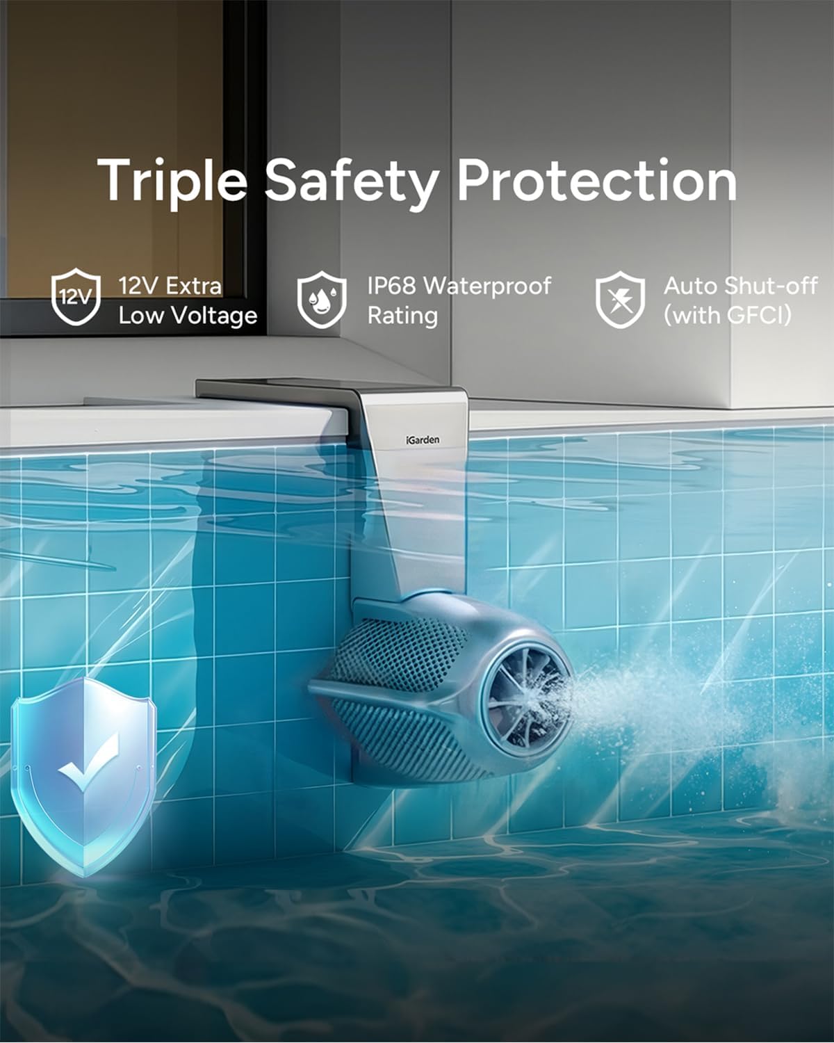 Système de nage à contre-courant iGarden Swim Jet série P, 1100 GPM, avec 5 modes de vagues. Machine à jets de nage pour piscines enterrées, entraînement ou loisirs. Application tactile intégrée.