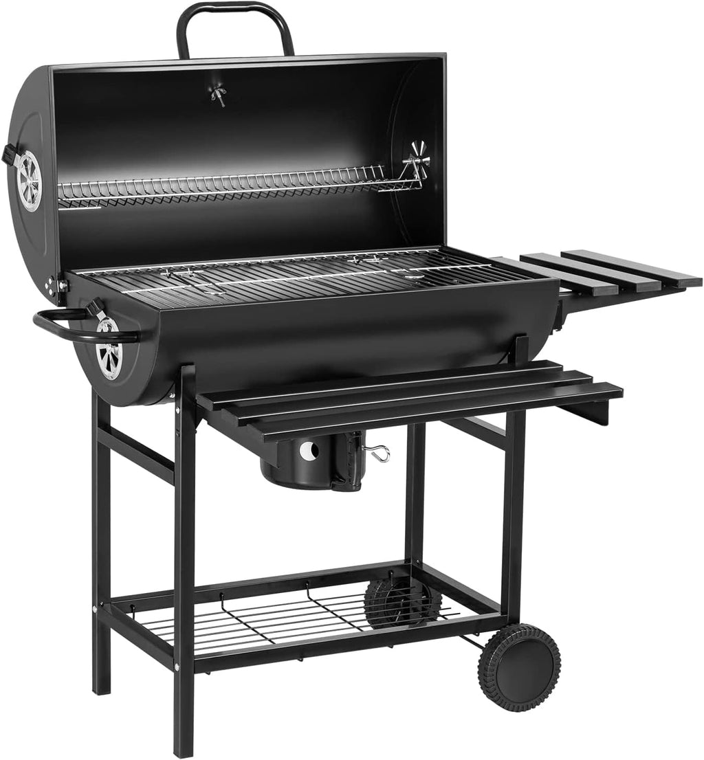 BBQ à charbon Flamaker, style tonneau, avec trois grilles, thermomètre, plaque de cuisson double couche en fonte chromée et récupérateur de cendres, idéal pour le camping et les activités de plein air.