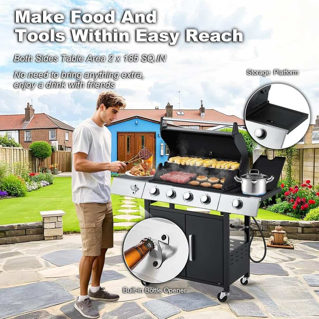 BBQ à gaz propane amélioré à 4 brûleurs avec grilles en fonte et réchaud latéral, brûleur en acier inoxydable de 44 000 BTU pour terrasse, camping et cuisine en plein air.