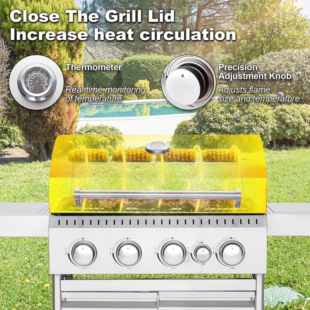 BBQ à gaz propane amélioré à 4 brûleurs avec grilles en fonte et réchaud latéral, brûleur en acier inoxydable de 44 000 BTU pour terrasse, camping et cuisine en plein air.