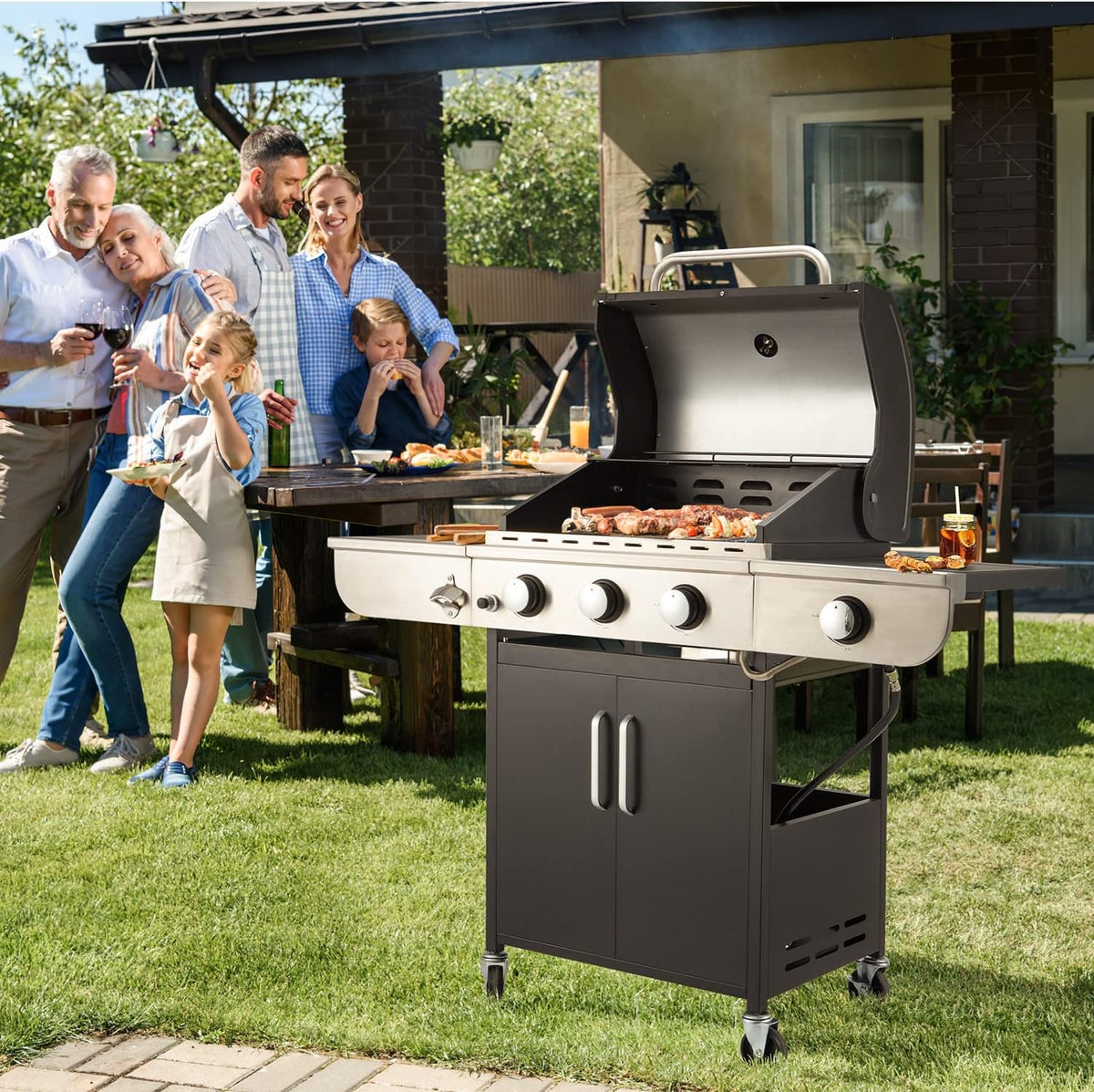 BBQ à gaz propane amélioré à 4 brûleurs avec grilles en fonte et réchaud latéral, brûleur en acier inoxydable de 44 000 BTU pour terrasse, camping et cuisine en plein air.