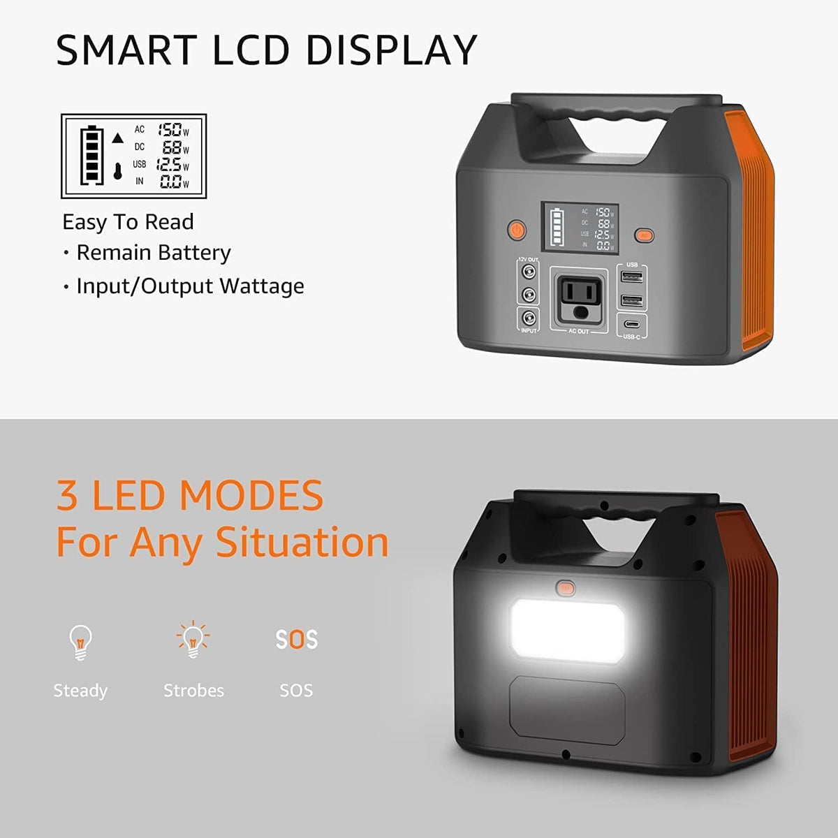 Station d'alimentation compact and portable EnginStar 150 W 155 Wh, générateur solaire 110 V 42 000 mAh, batterie externe avec prise secteur, 6 sorties, lampe LED de secours pour le camping en plein air