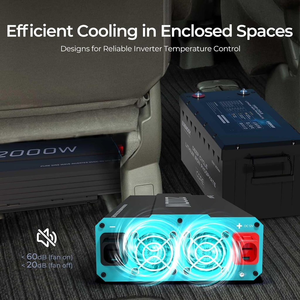 Onduleur Renogy P2 2000 W à onde sinusoïdale pure, convertisseur 12 V CC vers 110 V CA, onduleur solaire hors réseau pour véhicules, camions, camping-cars et maisons, avec port USB 5 V/2,1 A intégré et télécommande filaire.