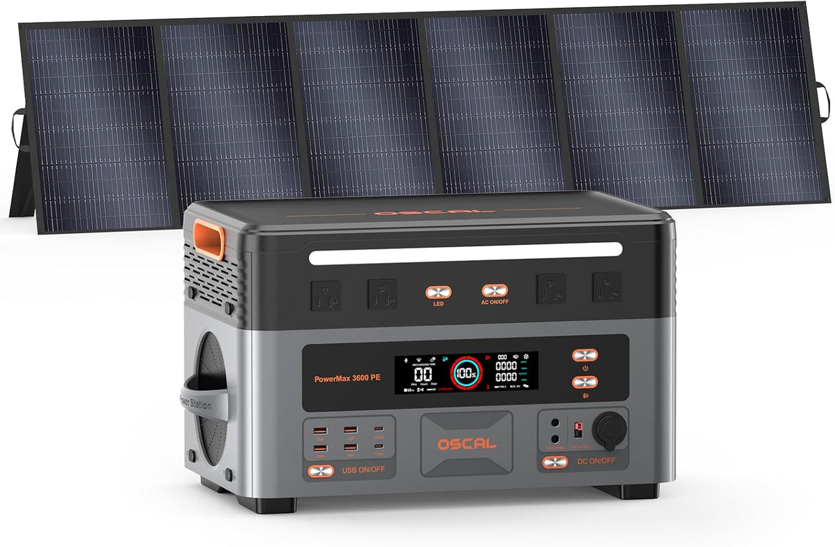 Station d'alimentation compact and portable OSCAL PowerMax 3600PE 3600 W avec panneau solaire 500 W, générateur solaire 2016 Wh, chargeur secteur 1500 W pour batterie LiFePO4, idéale pour la maison, le camping et les situations d'urgence en