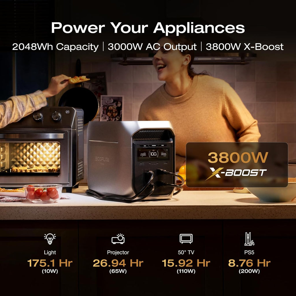Centrale électrique compact and portable EF ECOFLOW DELTA 3 Max Plus avec batterie LiFePO4 2048 Wh et générateur solaire (panneau solaire en option). Puissance maximale de 3000 W. Recharge rapide de 0 à 80 % en 64 minutes. Solution fiable pour la