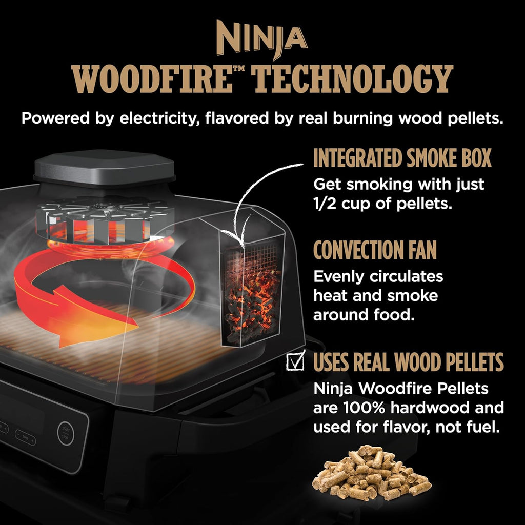 Ninja | Série Feu de Bois | 7 en 1 (BBQ Grill, BBQ, Rôtissage, Friture à Air, Déshydratation, Grillage, Fumage) | Portable et résistant aux intempéries | Cuisson jusqu'à 6 steaks et 30 hot-dogs | Granulés de bois inclus | OG701