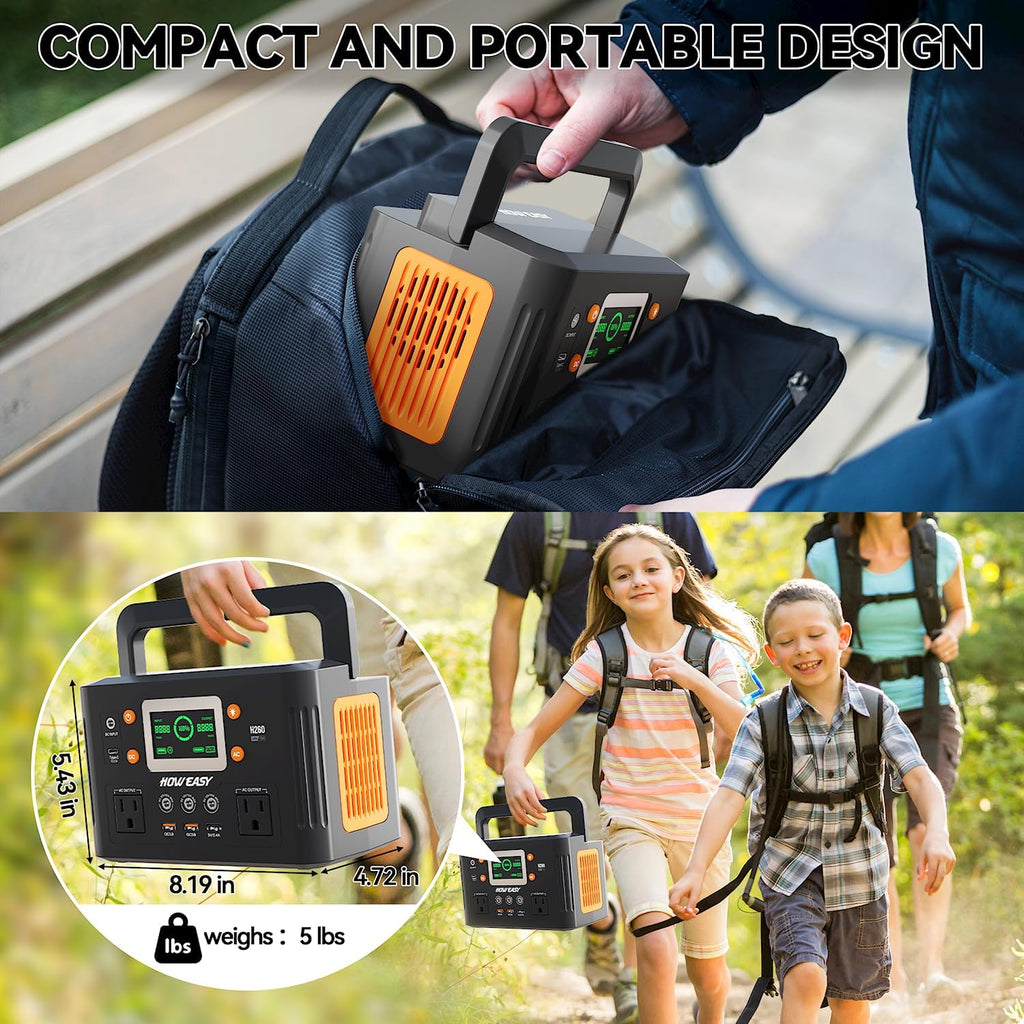 Station d'alimentation compact and portable HOWEASY, générateur solaire 260 W (500 W en crête) avec alimentation auxiliaire 65 W, prise secteur 110 V à onde sinusoïdale pure, batterie lithium de secours 48 000 mAh pour le camping, les voyages et les