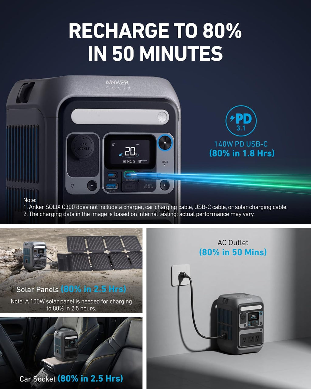 Station d'alimentation compact and portable Anker SOLIX C300, batterie LiFePO4 288 Wh, générateur solaire 300 W (600 W en crête), charge rapide bidirectionnelle 140 W pour le camping, les voyages et les situations d'urgence (panneau solaire en