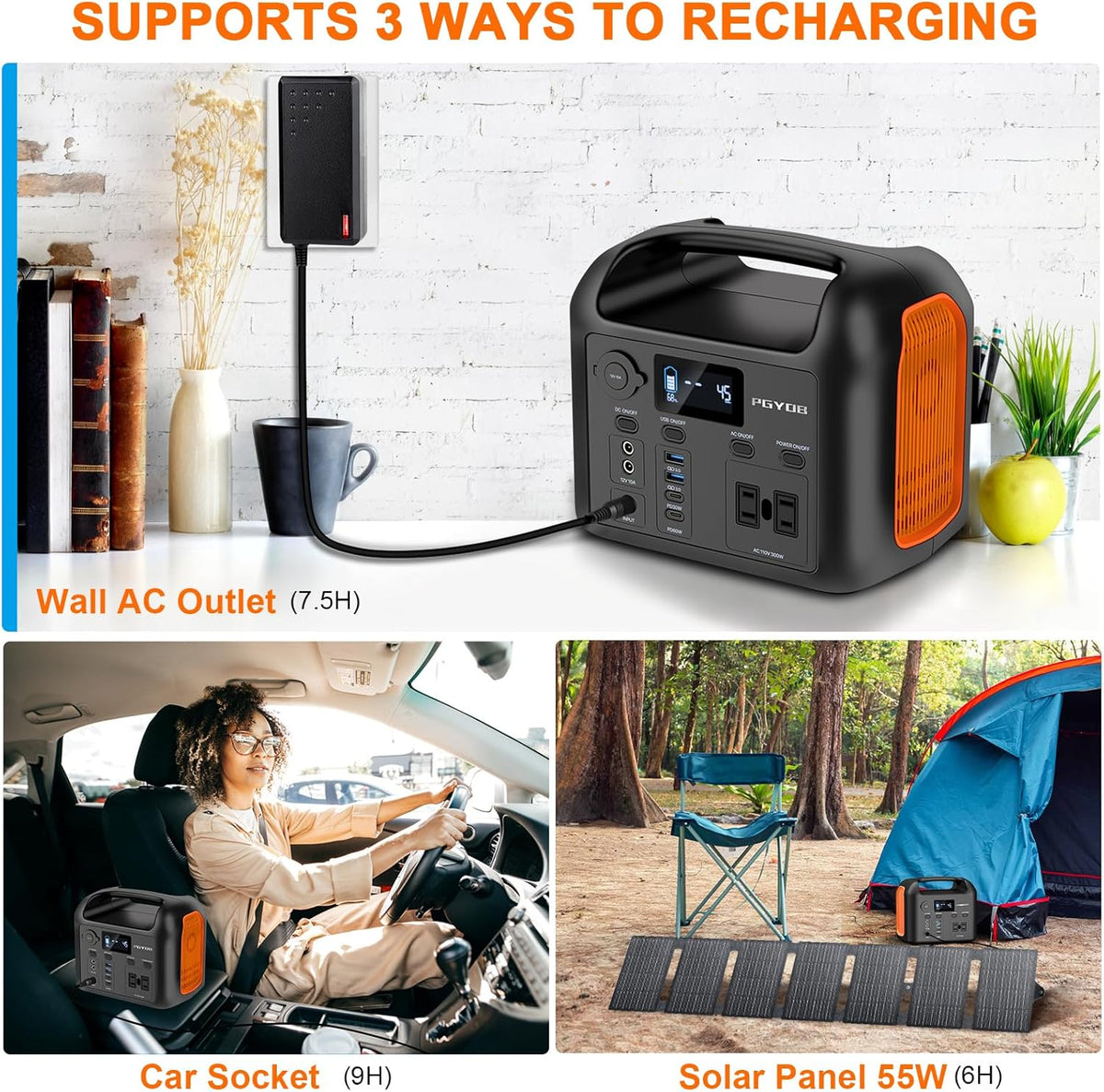 Station d'alimentation compact and portable avec panneau solaire de 55 W, batterie de secours LiFePO4 de 299 Wh, alimentation secteur sinusoïdale pure de 300 W (600 W crête), prises allume-cigare, générateur solaire QC3.0 de 60 W, batterie externe