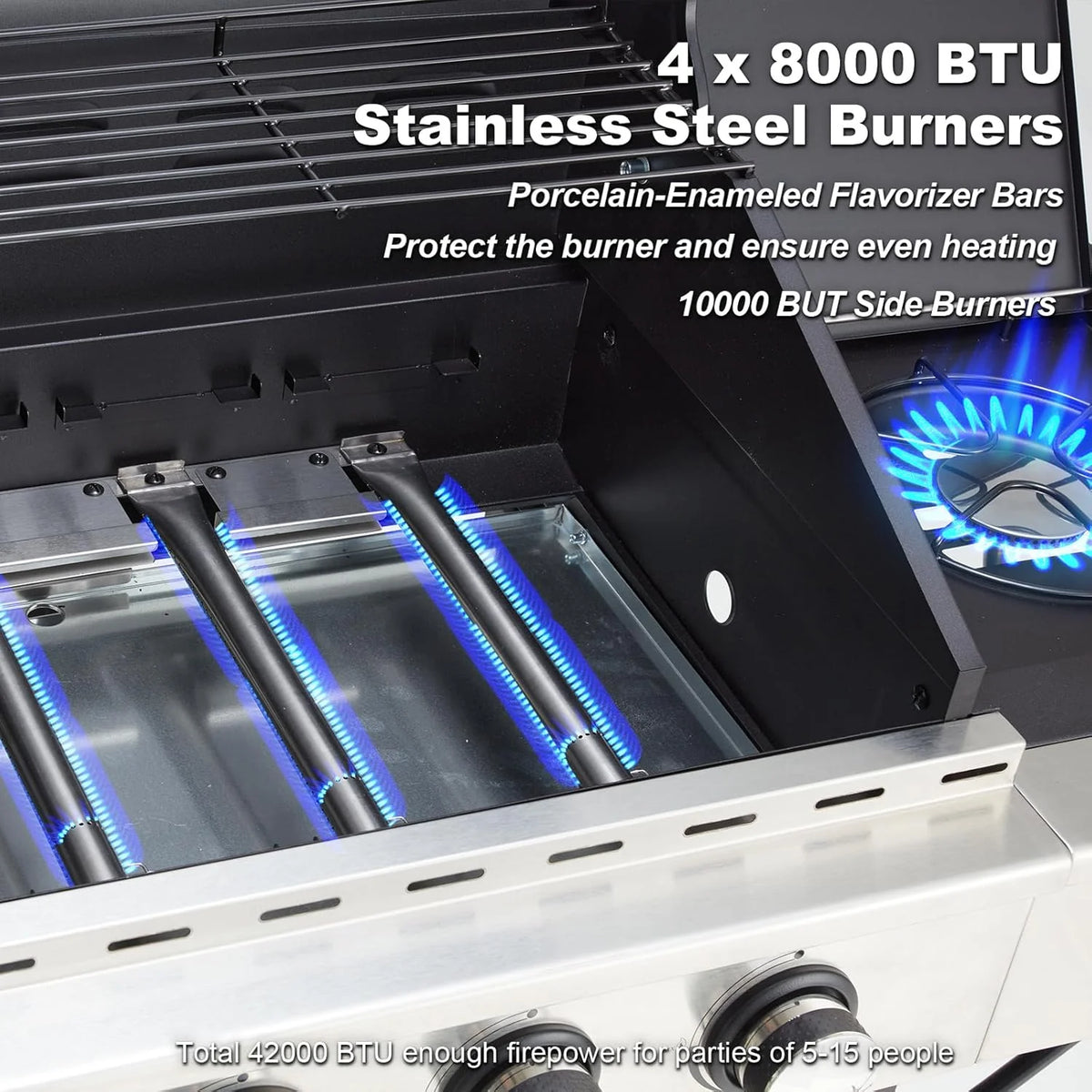 BBQ à gaz propane amélioré à 4 brûleurs avec grilles en fonte et réchaud latéral, brûleur en acier inoxydable de 44 000 BTU pour terrasse, camping et cuisine en plein air.
