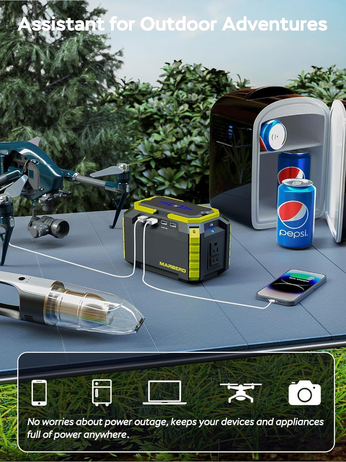 Générateur solaire MARBERO 150 Wc (crête), 150 Wh, station d'alimentation compact and portable avec panneau solaire inclus, alimentation secteur avec ports USB pour camping-car, pêche et situations d'urgence.