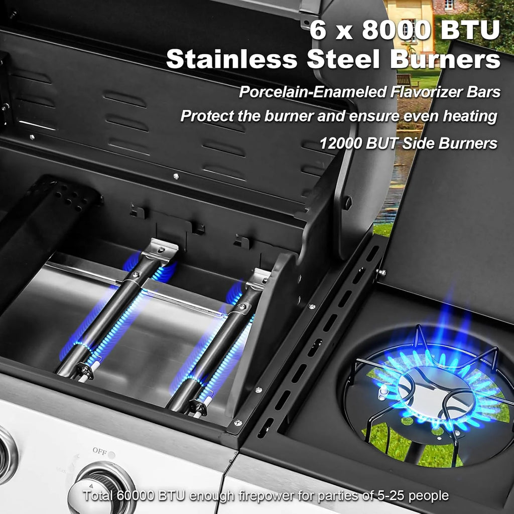 BBQ à gaz propane amélioré à 4 brûleurs avec grilles en fonte et réchaud latéral, brûleur en acier inoxydable de 44 000 BTU pour terrasse, camping et cuisine en plein air.