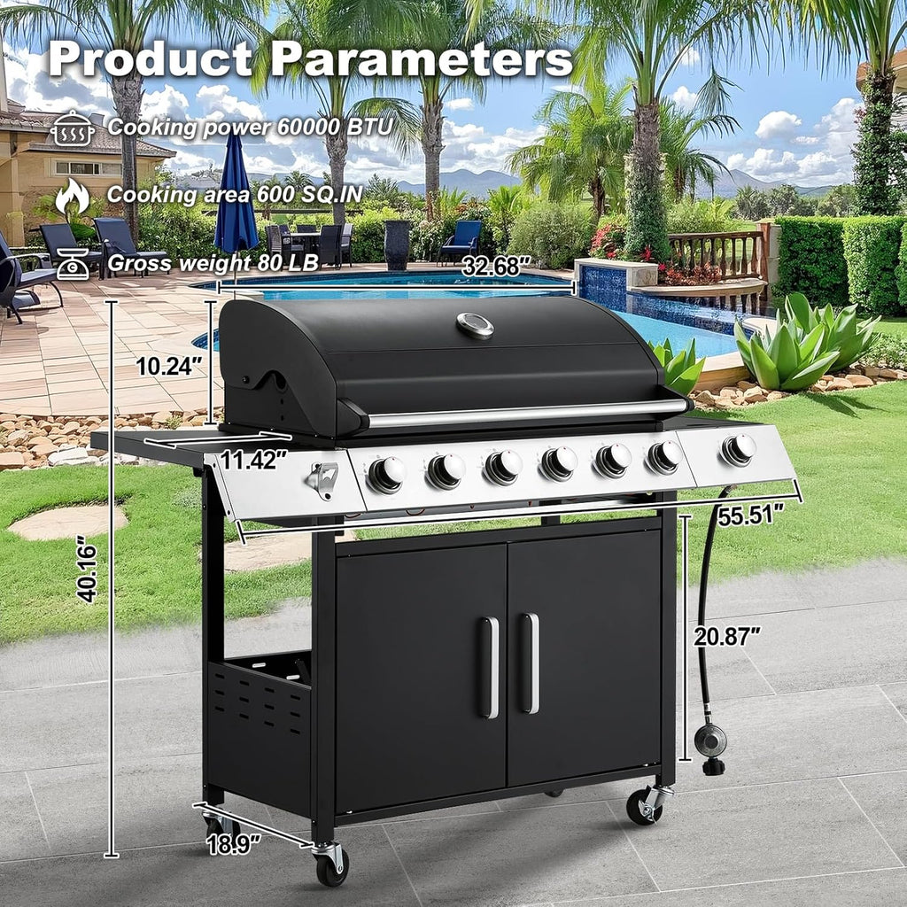 BBQ à gaz propane amélioré à 4 brûleurs avec grilles en fonte et réchaud latéral, brûleur en acier inoxydable de 44 000 BTU pour terrasse, camping et cuisine en plein air.