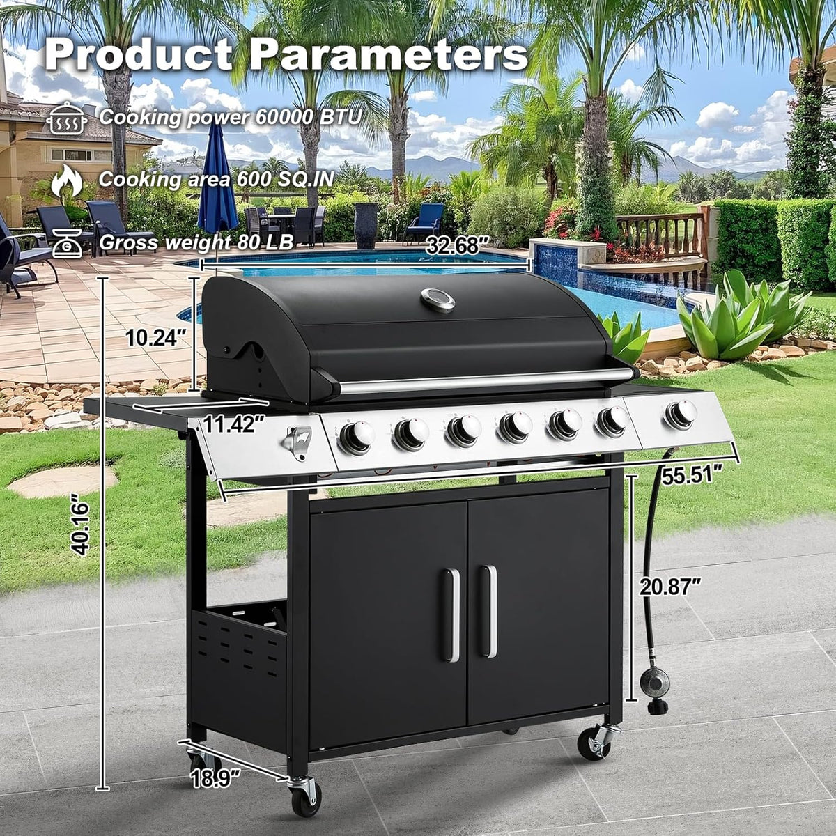 BBQ à gaz propane amélioré à 4 brûleurs avec grilles en fonte et réchaud latéral, brûleur en acier inoxydable de 44 000 BTU pour terrasse, camping et cuisine en plein air.