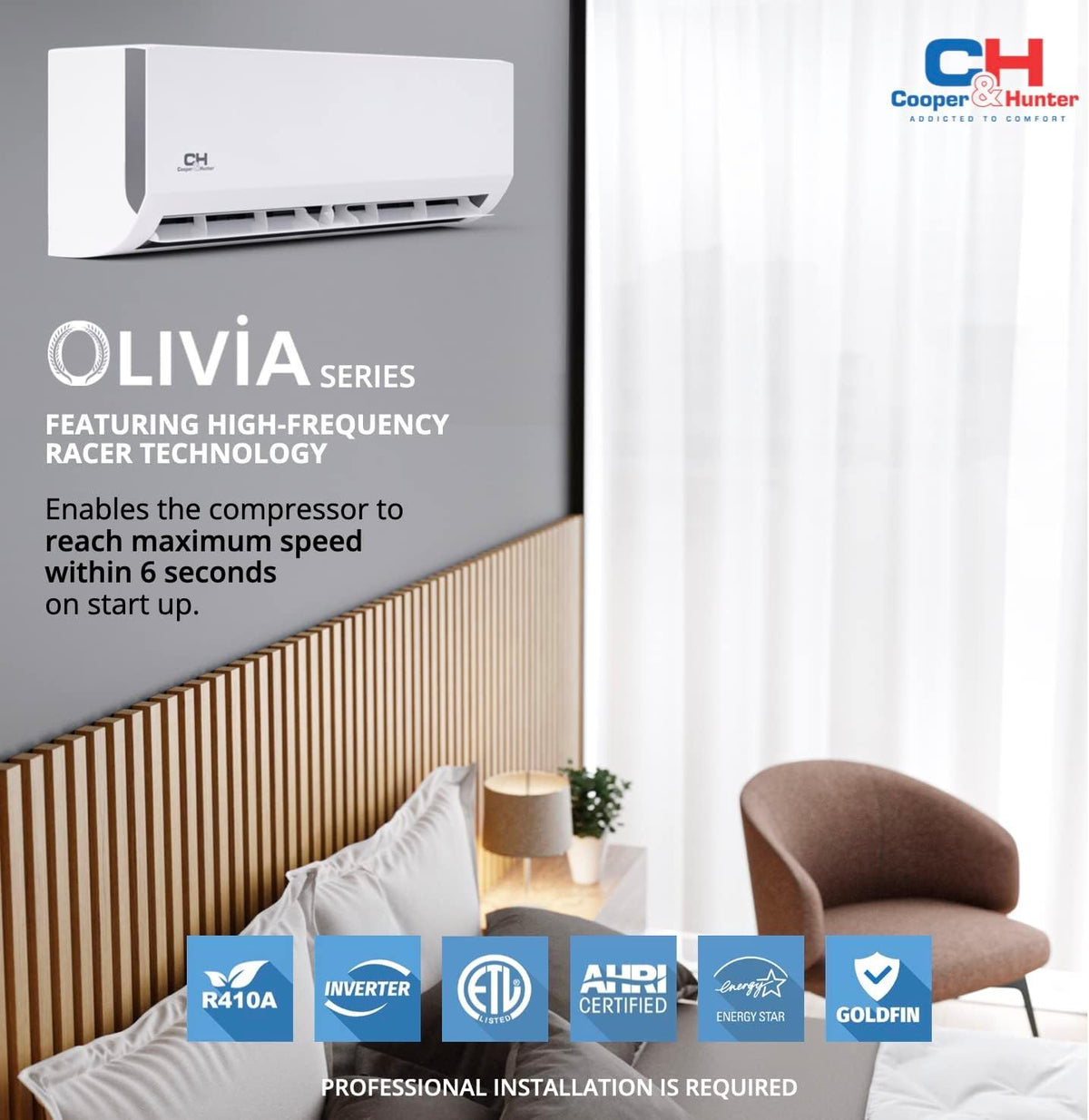 Système de climatisation/chauffage monosplit sans conduit Cooper & Hunter série Olivia, 9 000 BTU, 230 V, 24 SEER2, avec kit d'installation.