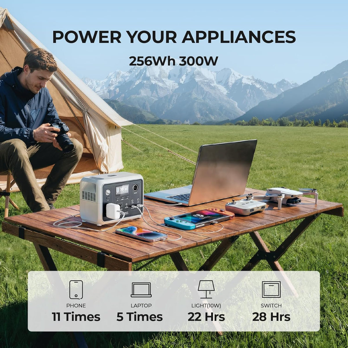 Station d'alimentation compact and portable DYNESS 300 W, générateur solaire 256 Wh avec prise secteur 110 V à onde sinusoïdale pure, batterie LiFePO4 pour le camping, l'alimentation de secours à domicile, les camping-cars, les appareils CPAP et les
