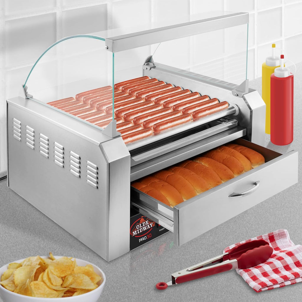 Machine à hot-dogs électrique Olde Midway 30 à 11 rouleaux avec tiroir chauffe-pains et couvercle - Qualité professionnelle, acier inoxydable