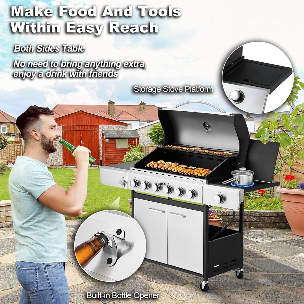 BBQ à gaz propane amélioré à 4 brûleurs avec grilles en fonte et réchaud latéral, brûleur en acier inoxydable de 44 000 BTU pour terrasse, camping et cuisine en plein air.