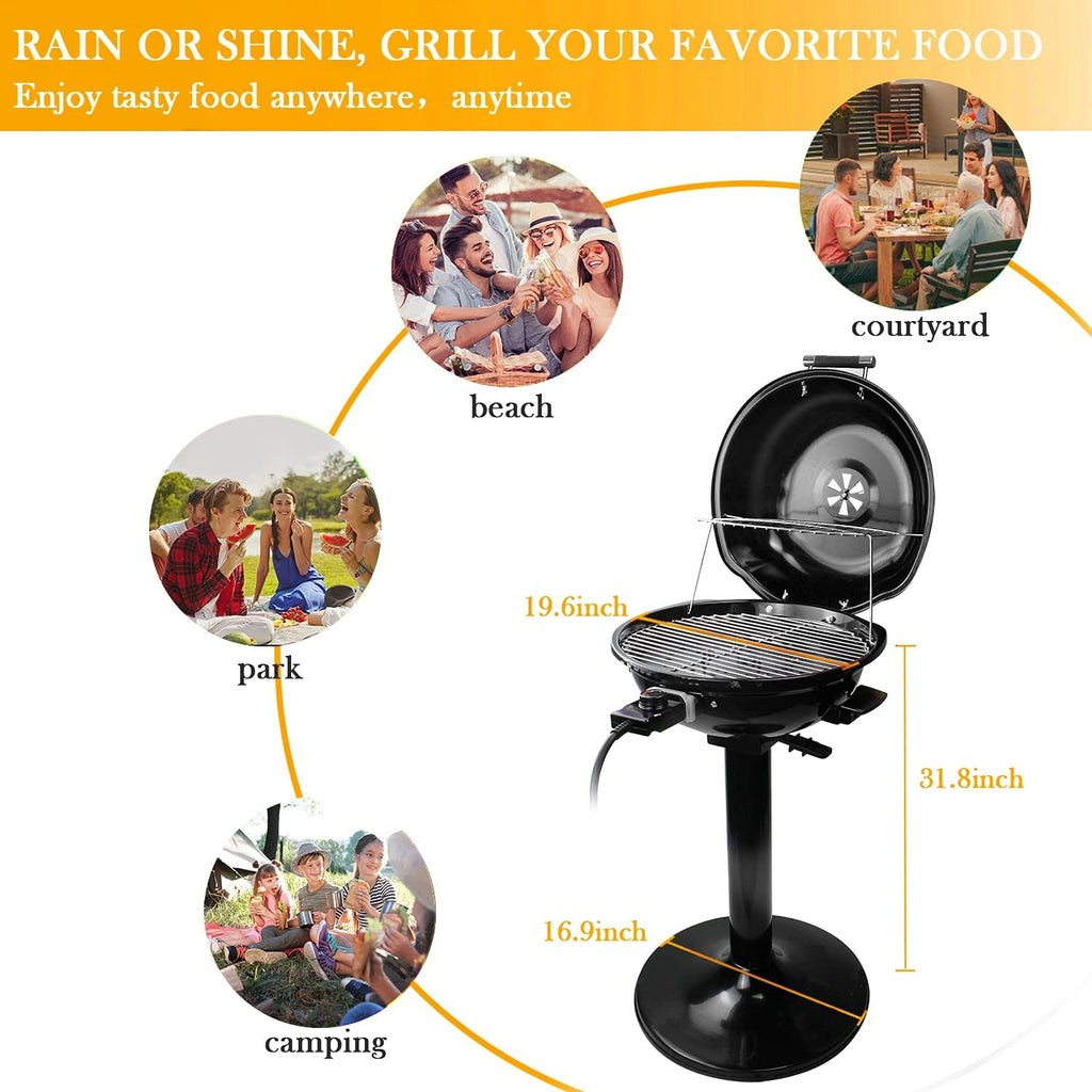 BBQ électrique Techwood 15 portions, utilisable en intérieur et en extérieur, conception à double couche, support amovible et portable, 1600 W (BBQ sur pied noir)