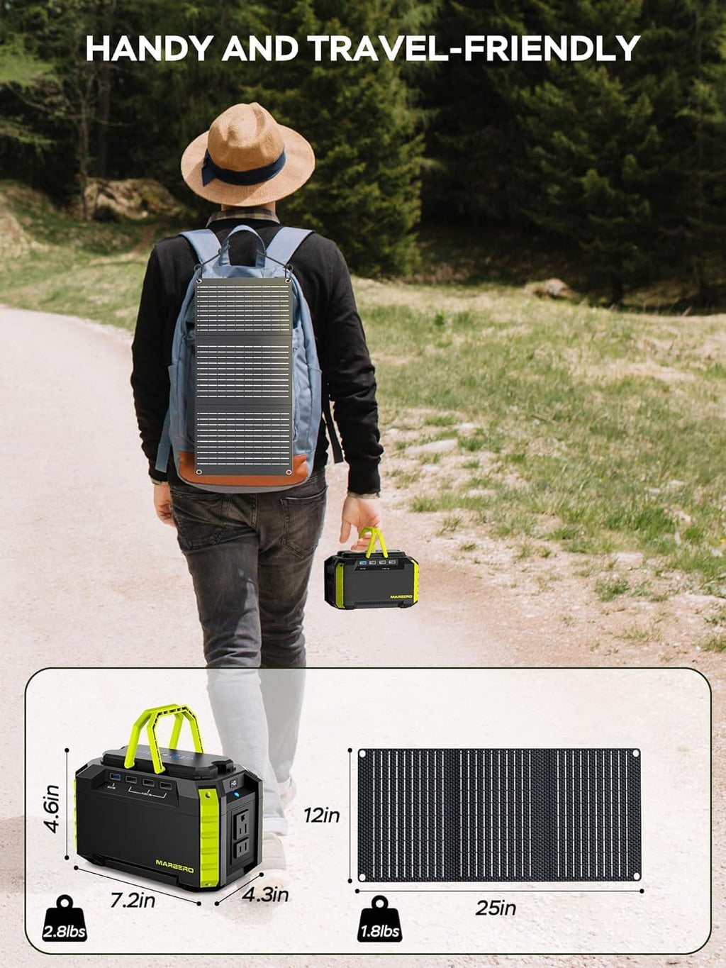 Générateur solaire MARBERO 150 Wc (crête), 150 Wh, station d'alimentation compact and portable avec panneau solaire inclus, alimentation secteur avec ports USB pour camping-car, pêche et situations d'urgence.