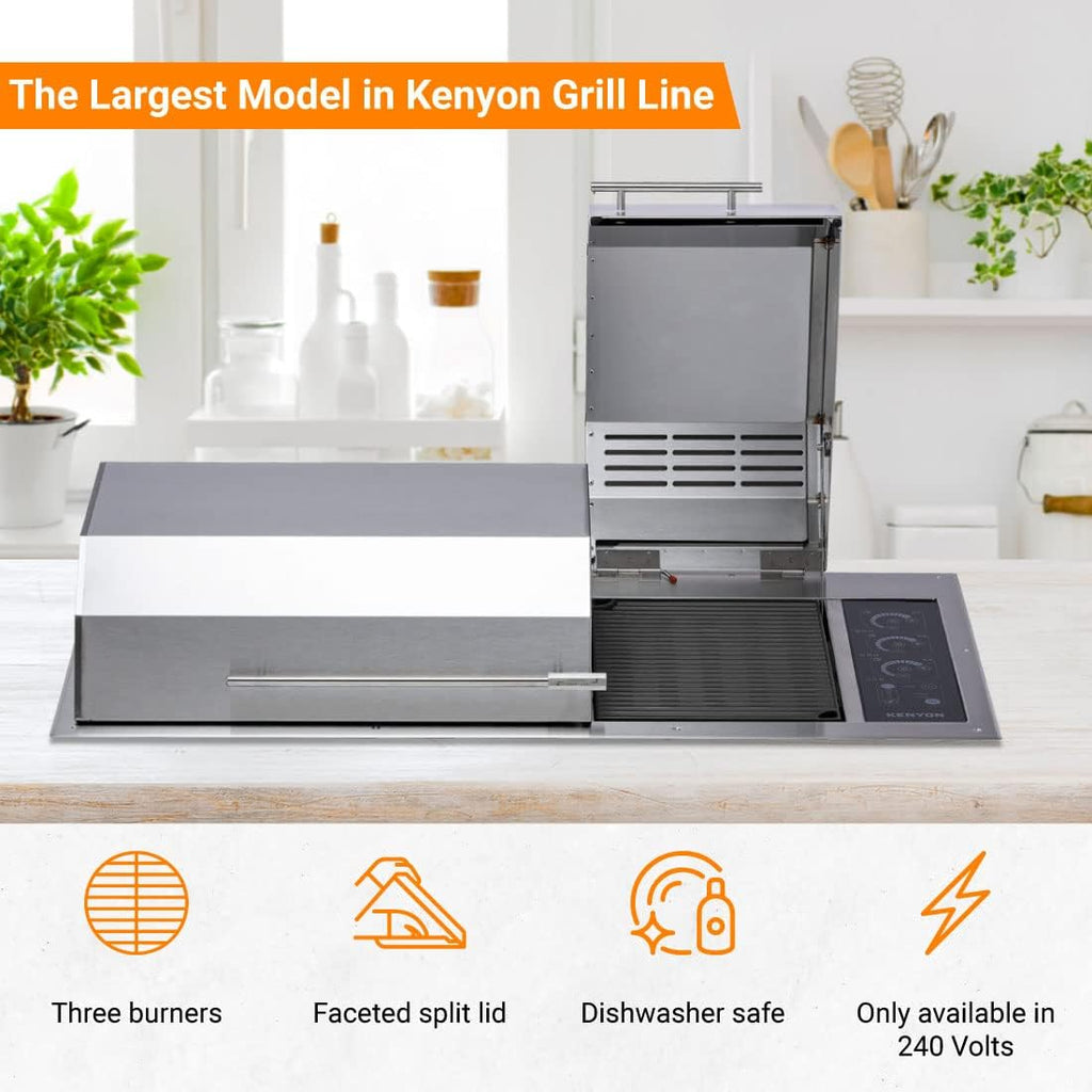 BBQ Grill électrique Kenyon « The Big American BBQ Grill », avec 3 brûleurs et couvercle en deux parties, corps en acier inoxydable, grille antirouille avec commandes tactiles IntelliKEN, homologué UL pour une utilisation intérieure et extérieure