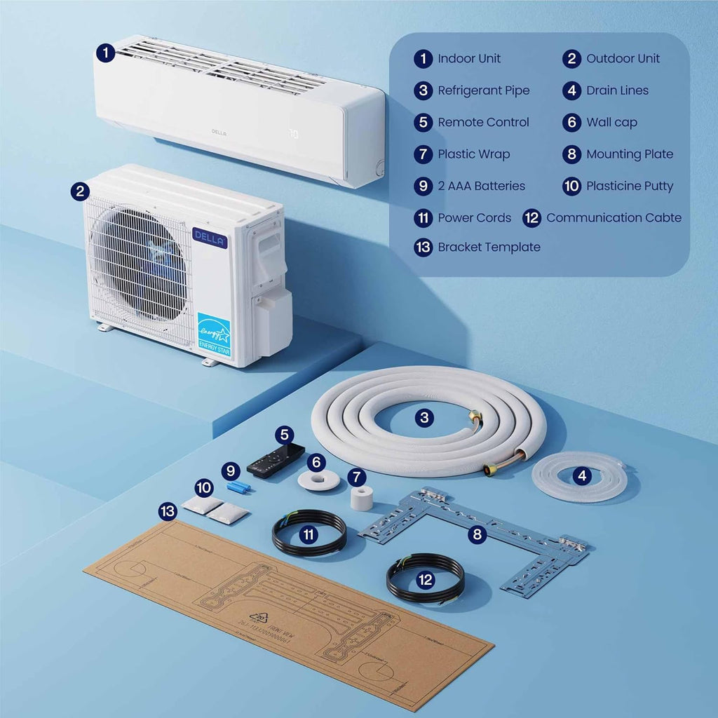 Climatiseur et pompe à chaleur DELLA Mini Split 9000 BTU, 2 zones, 22 SEER2, certifié Energy Star, sans conduit, 230 V, pour pièces jusqu'à 74 m², Wi-Fi et commande vocale, préchargé, kit d'installation de 5 m.