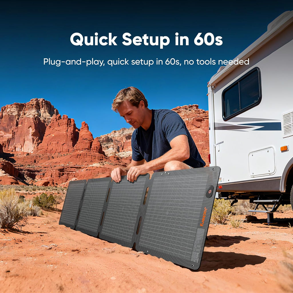 Panneau solaire à air Jackery SolarSaga 100 W, rendement de conversion de 23 %, panneaux bifaciaux, étanche IP65, pliable et compact and portable. Chargeur solaire idéal pour les stations d'alimentation, les camping-cars, le camping, les vies hors
