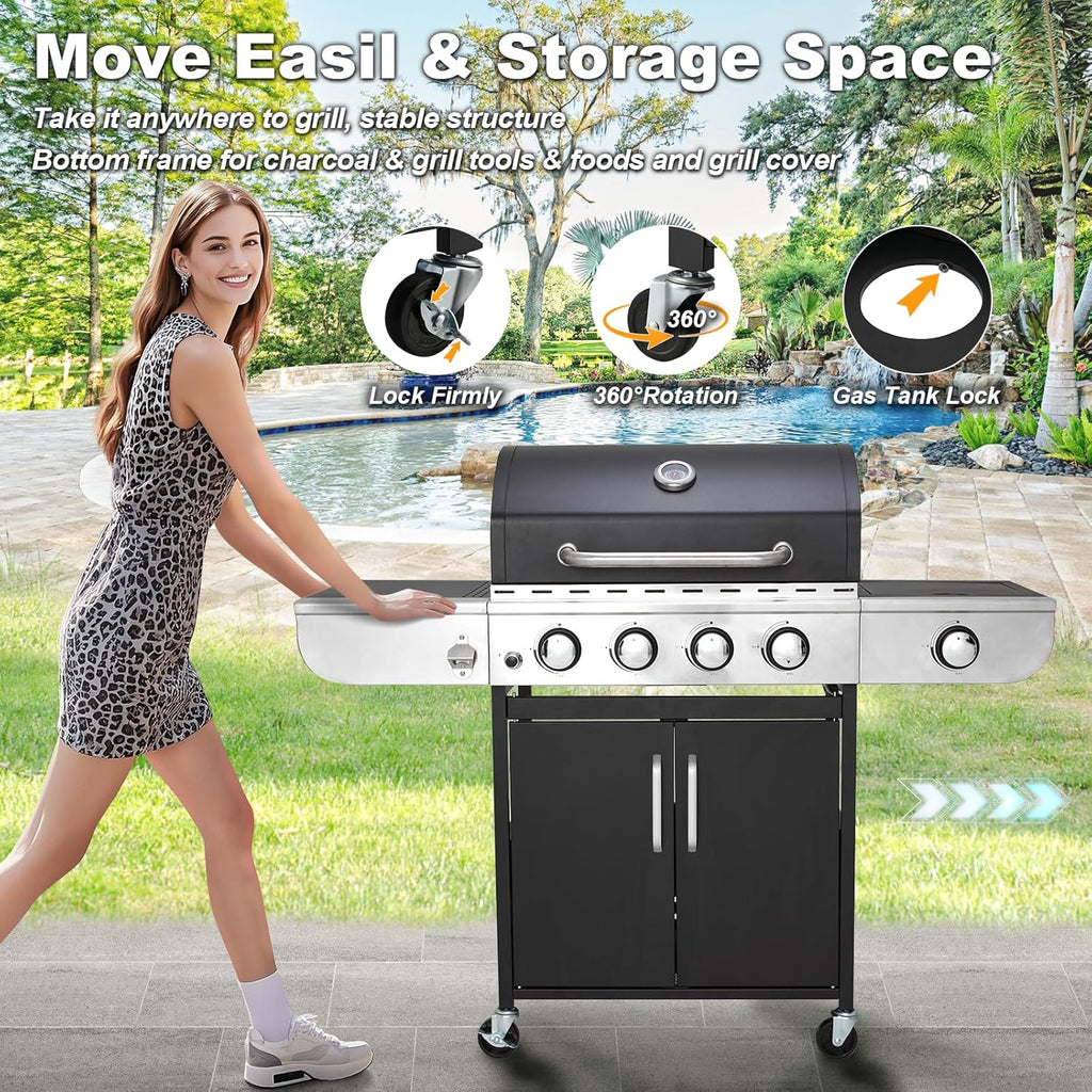 BBQ à gaz propane amélioré à 4 brûleurs avec grilles en fonte et réchaud latéral, brûleur en acier inoxydable de 44 000 BTU pour terrasse, camping et cuisine en plein air.