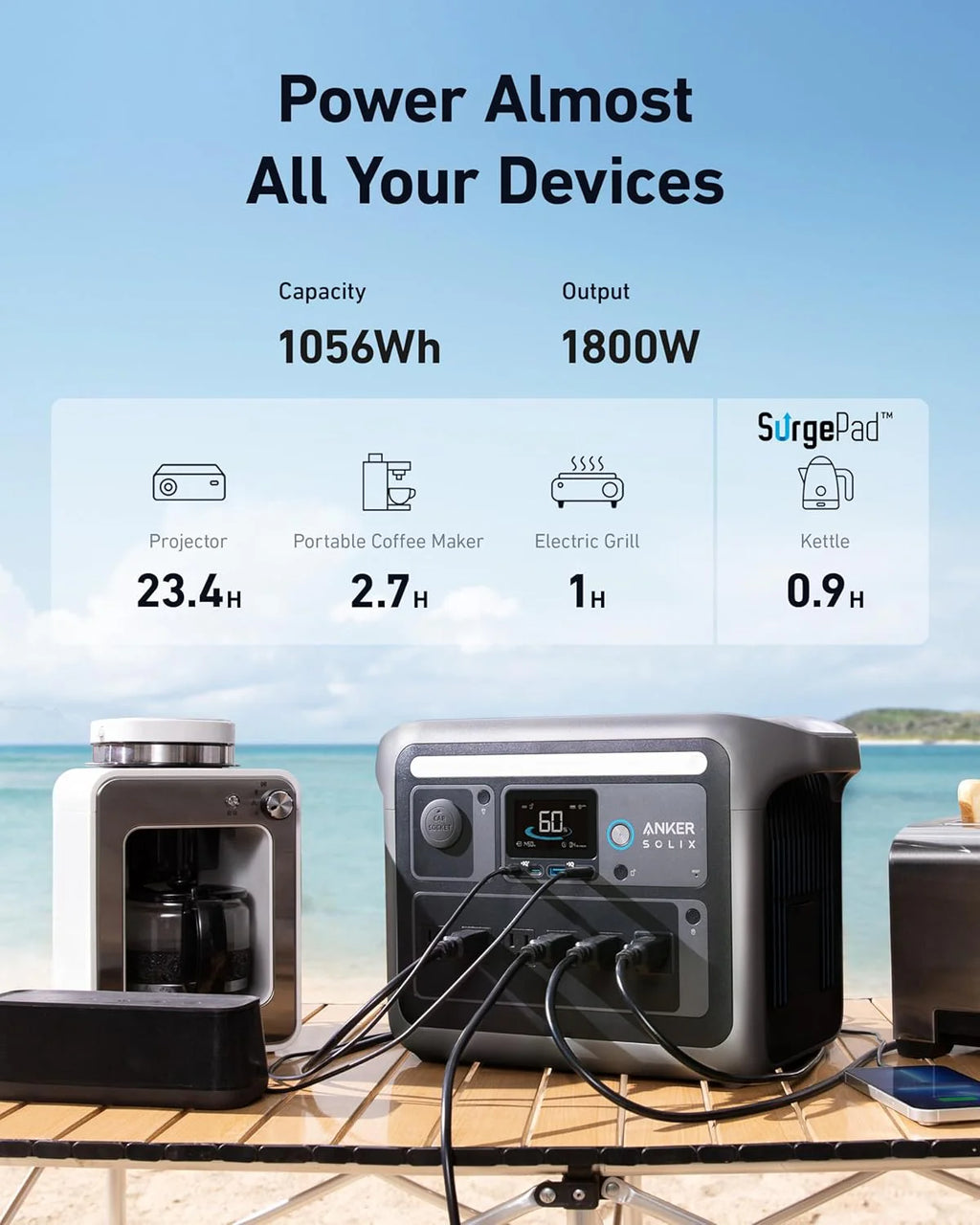 Centrale électrique compact and portable, générateur solaire 1800 W (2400 W en crête), charge complète en 58 minutes, batterie LiFePO4 1056 Wh.