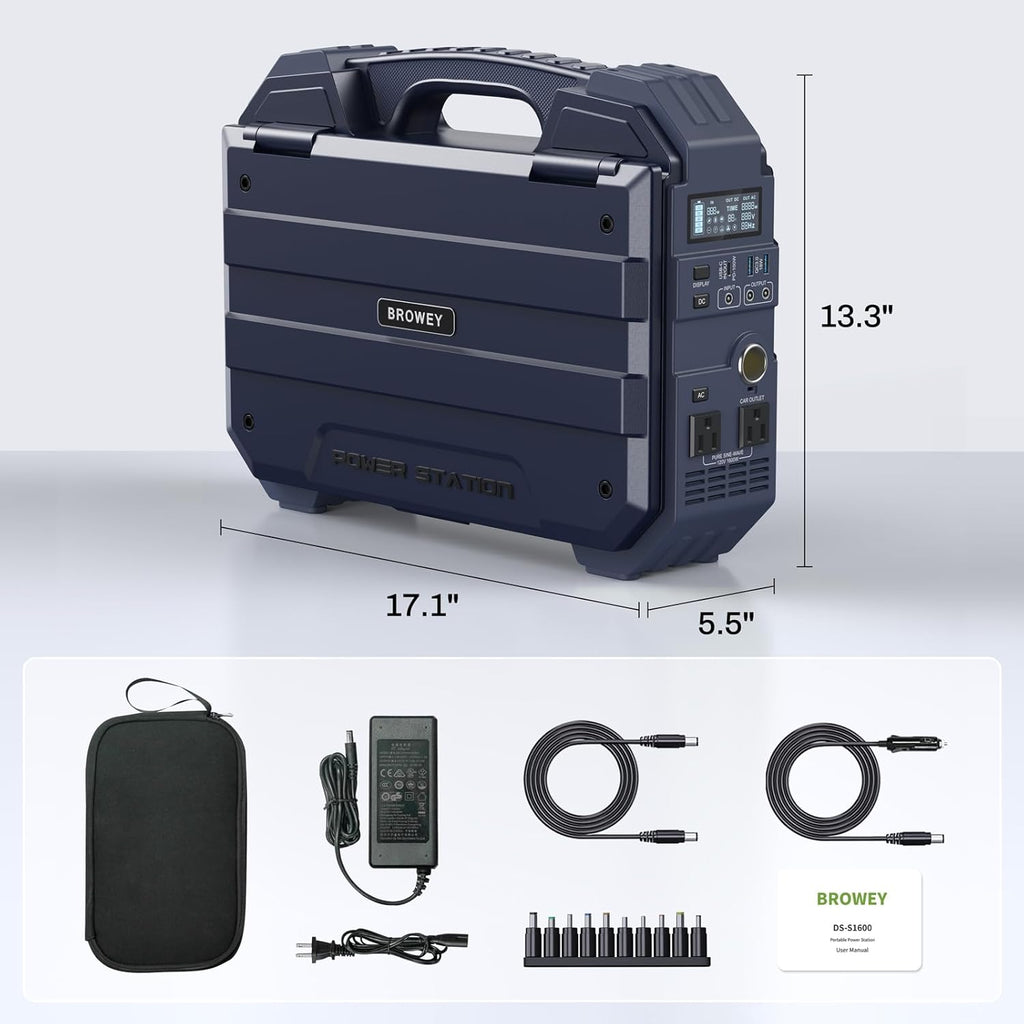 Station d'alimentation compact and portable BROWEY 1600 W (3200 W en crête) avec batterie LiFePO4 1024 Wh, panneau solaire intégré, générateur solaire USB-C PD 100 W pour camping, camping-car, maison, alimentation de secours et urgence (bleu foncé)