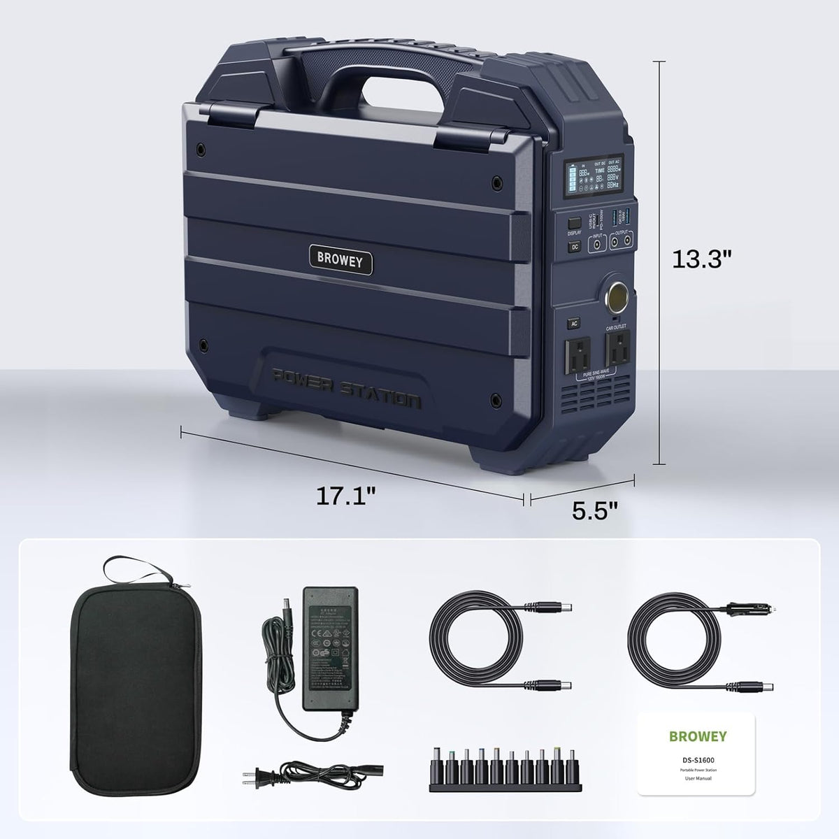 Station d'alimentation compact and portable BROWEY 1600 W (3200 W en crête) avec batterie LiFePO4 1024 Wh, panneau solaire intégré, générateur solaire USB-C PD 100 W pour camping, camping-car, maison, alimentation de secours et urgence (bleu foncé)