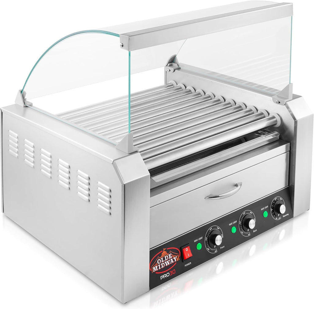 Machine à hot-dogs électrique Olde Midway 30 à 11 rouleaux avec tiroir chauffe-pains et couvercle - Qualité professionnelle, acier inoxydable