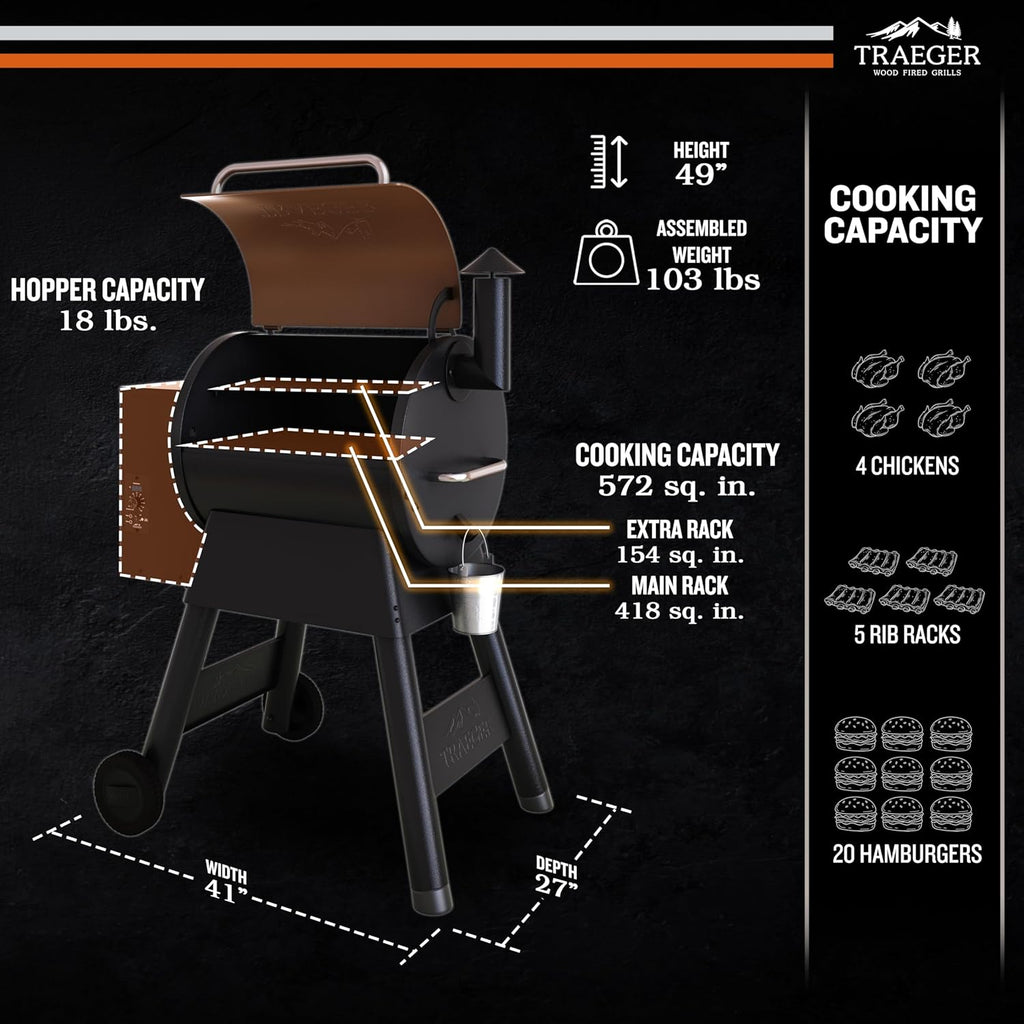 BBQ et fumoir électrique à granulés de bois Traeger Grills Pro 22 : un appareil polyvalent 6 en 1 offrant une capacité de cuisson de 572 po² (3 760 cm²), une sonde à viande, une température maximale de 450 °F (232 °C) et une trémie de 18 lb (8,2