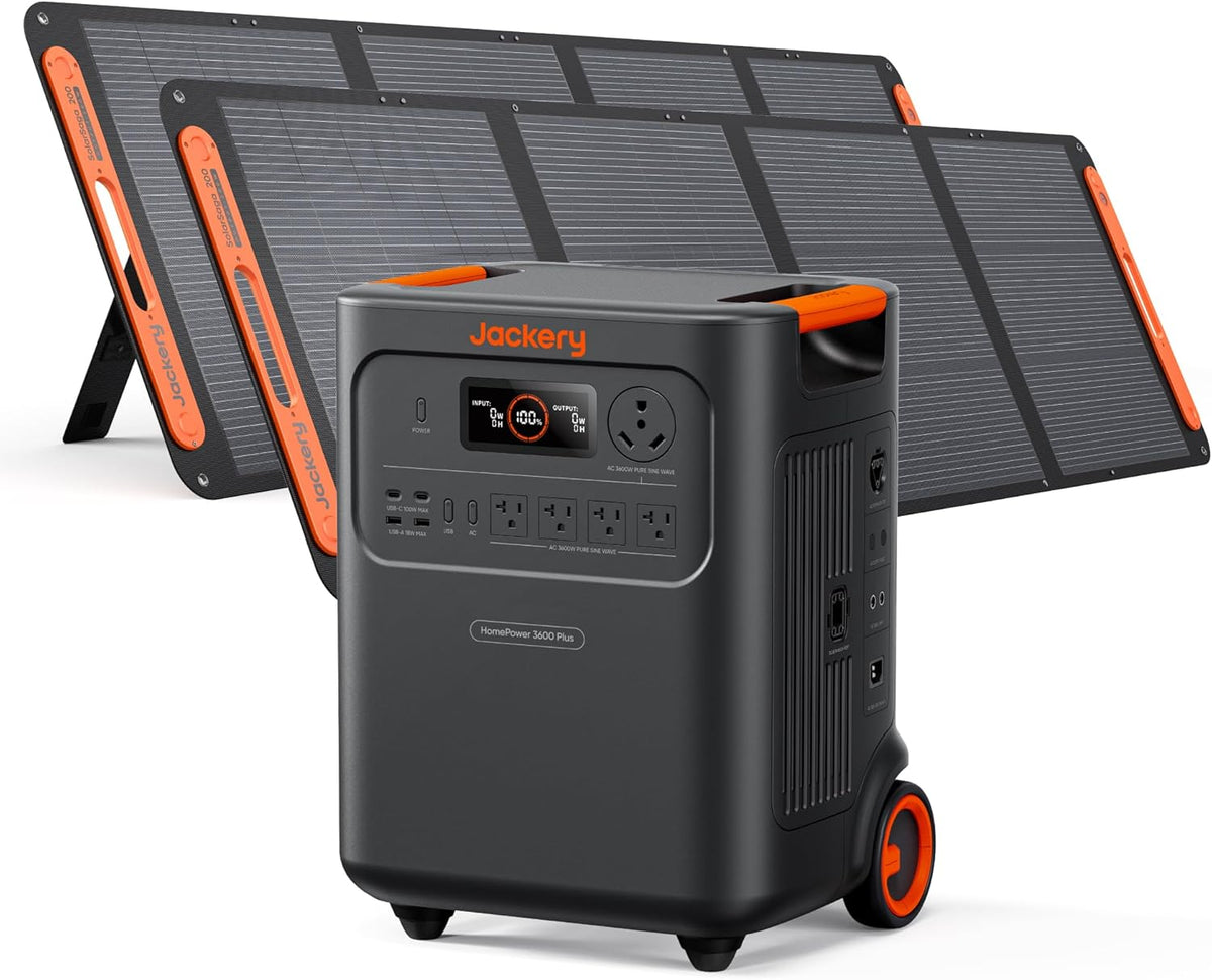 Station d'alimentation compact and portable Jackery HomePower 3600 Plus avec 2 panneaux solaires de 200 W, puissance de sortie CA de 3 600 W, générateur solaire LFP de 3 584 Wh, extensible jusqu'à 21 kWh. Solution de secours indispensable pour la