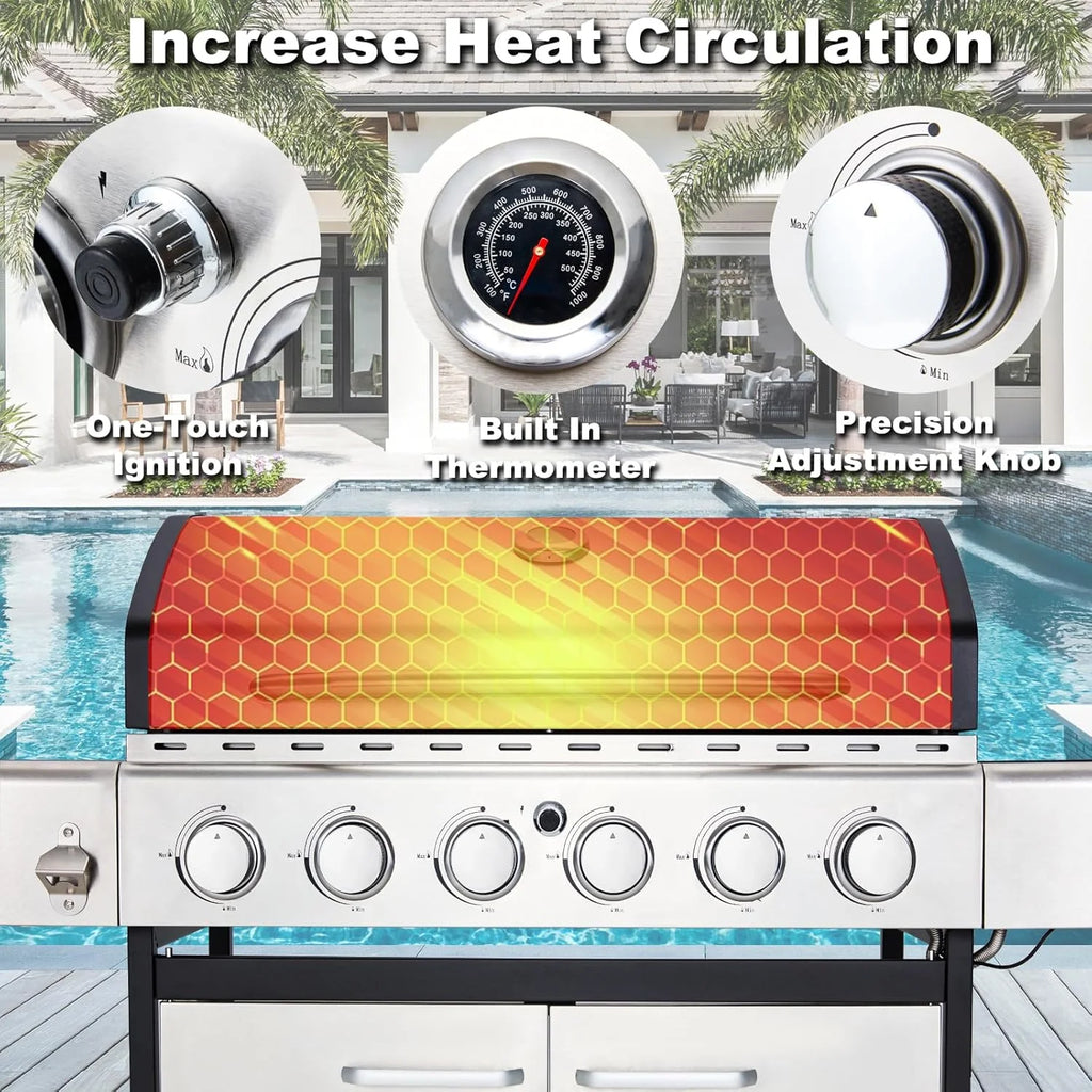 BBQ à gaz propane amélioré à 4 brûleurs avec grilles en fonte et réchaud latéral, brûleur en acier inoxydable de 44 000 BTU pour terrasse, camping et cuisine en plein air.