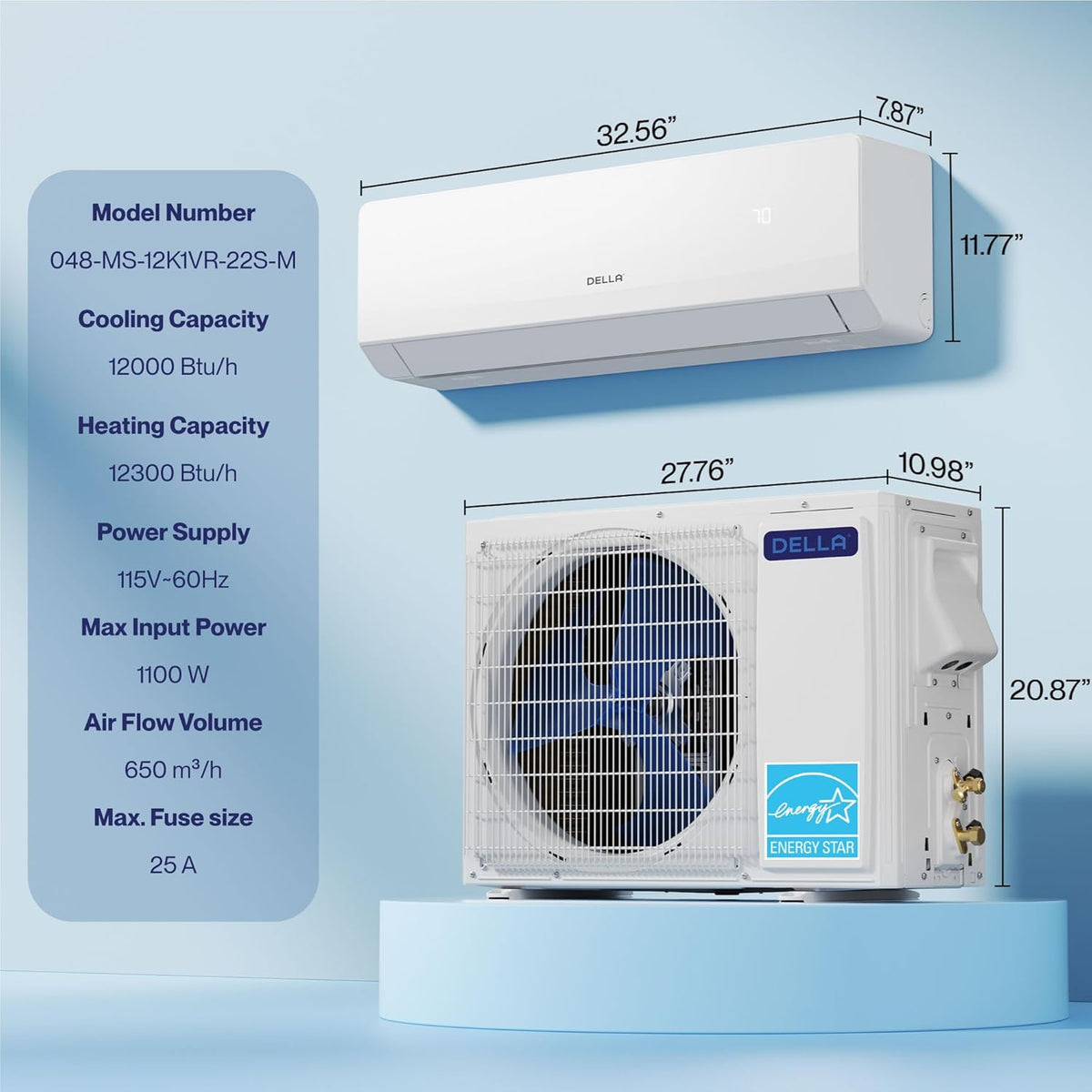 Climatiseur split DELLA Serena Series 12 000 BTU, Energy Star 22 SEER2 115 V, système de climatisation sans conduit à pompe à chaleur Inverter de 1 tonne pour pièces jusqu'à 51 m², compatible Wi-Fi et Alexa, préchargé, kit d'installation de 5 m.