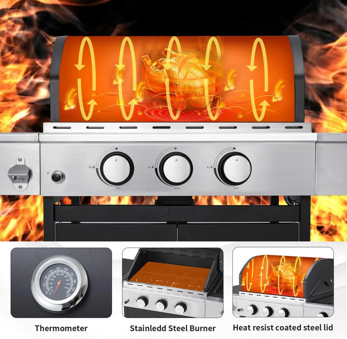 BBQ à gaz propane amélioré à 4 brûleurs avec grilles en fonte et réchaud latéral, brûleur en acier inoxydable de 44 000 BTU pour terrasse, camping et cuisine en plein air.