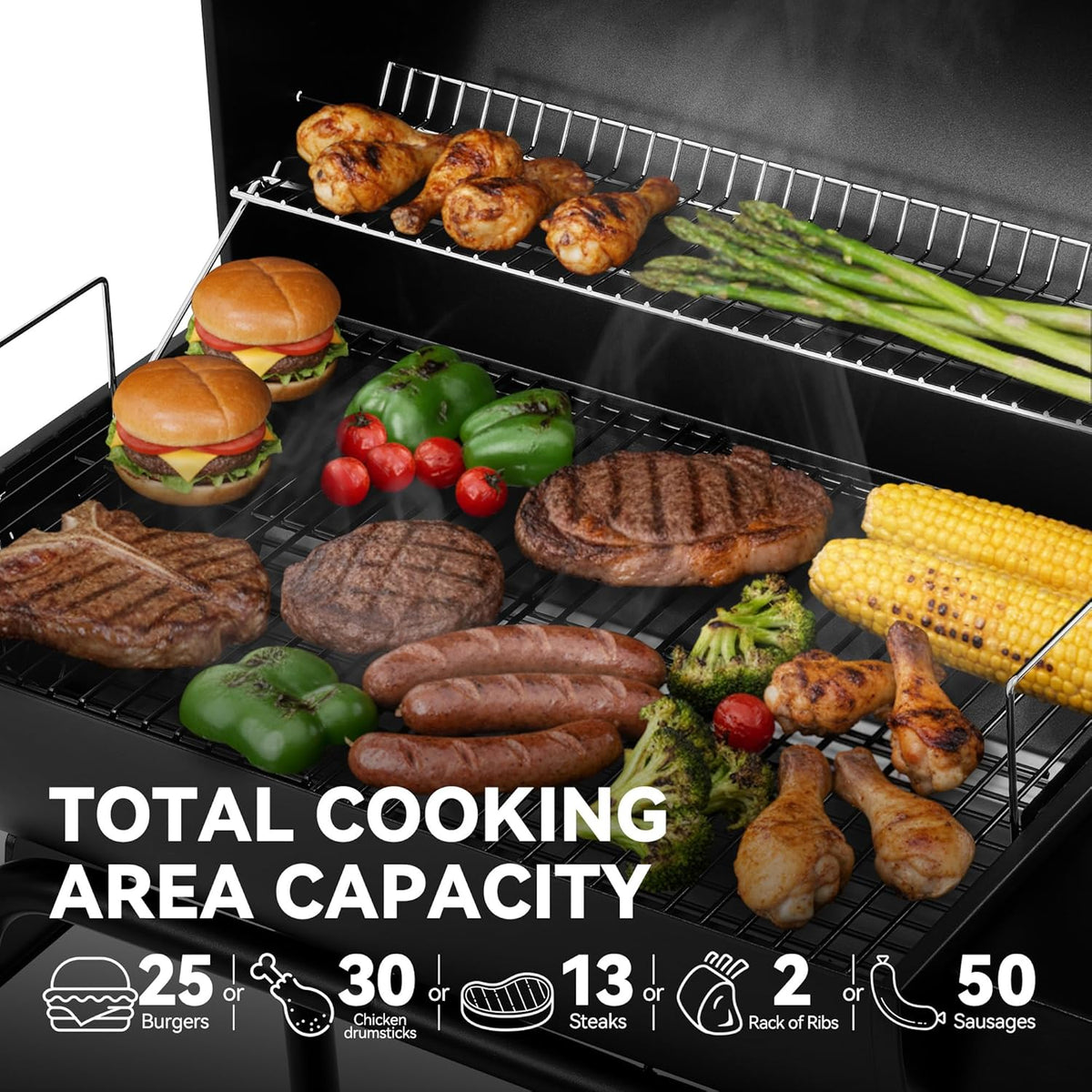 BBQ à charbon Royal Gourmet CC1830 de 71 cm (28 pouces) avec grille de maintien au chaud, surface de cuisson de 4 100 cm² (626 pouces carrés) pour jardin, terrasse et fêtes, noir