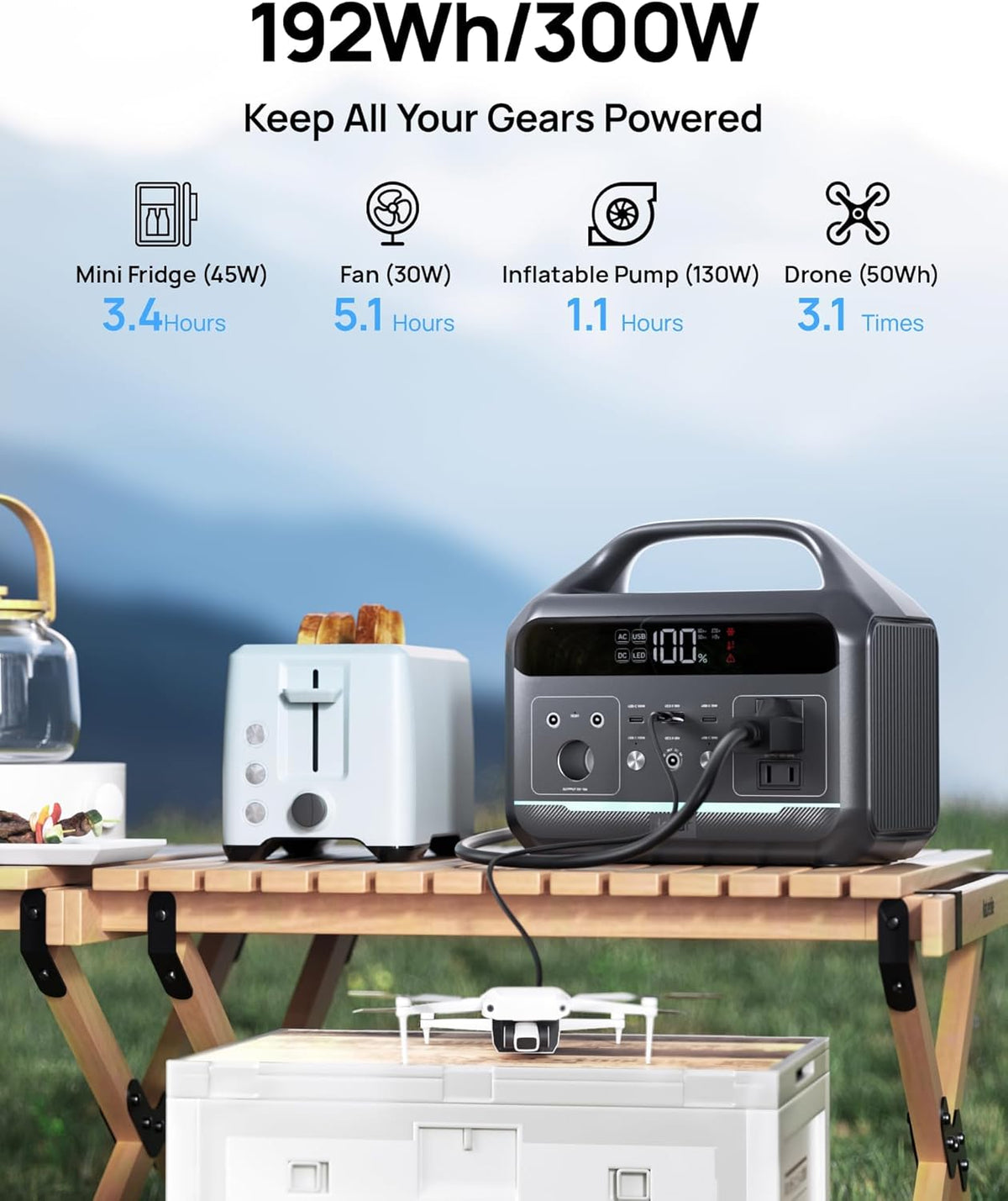 Station d'alimentation compact and portable 300 W, batterie externe 192 Wh avec prise secteur 110 V, batterie de secours LiFePO4, générateur solaire 8 ports à charge rapide pour le camping, les situations d'urgence (ouragan), les activités de plein