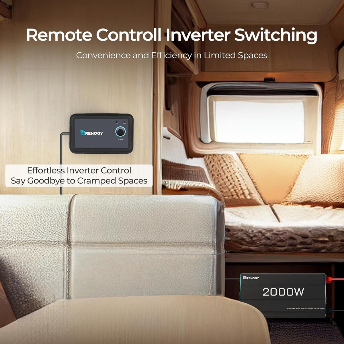 Onduleur Renogy P2 2000 W à onde sinusoïdale pure, convertisseur 12 V CC vers 110 V CA, onduleur solaire hors réseau pour véhicules, camions, camping-cars et maisons, avec port USB 5 V/2,1 A intégré et télécommande filaire.