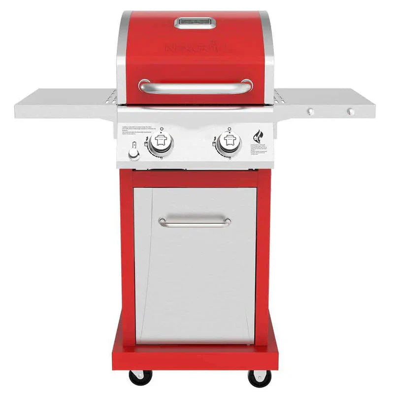BBQ à gaz propane à 2 brûleurs, acier inoxydable rouge, 28 000 BTU, format compact