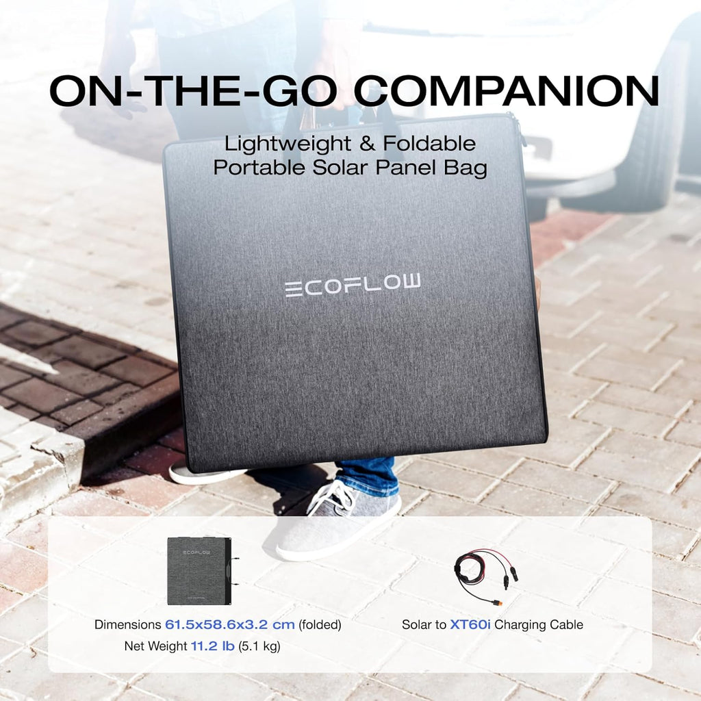 Panneau solaire compact and portable EF ECOFLOW 160 W pour station d'alimentation, chargeur solaire pliable avec support réglable, étanche IP68, idéal pour le camping, les camping-cars et les systèmes hors réseau.