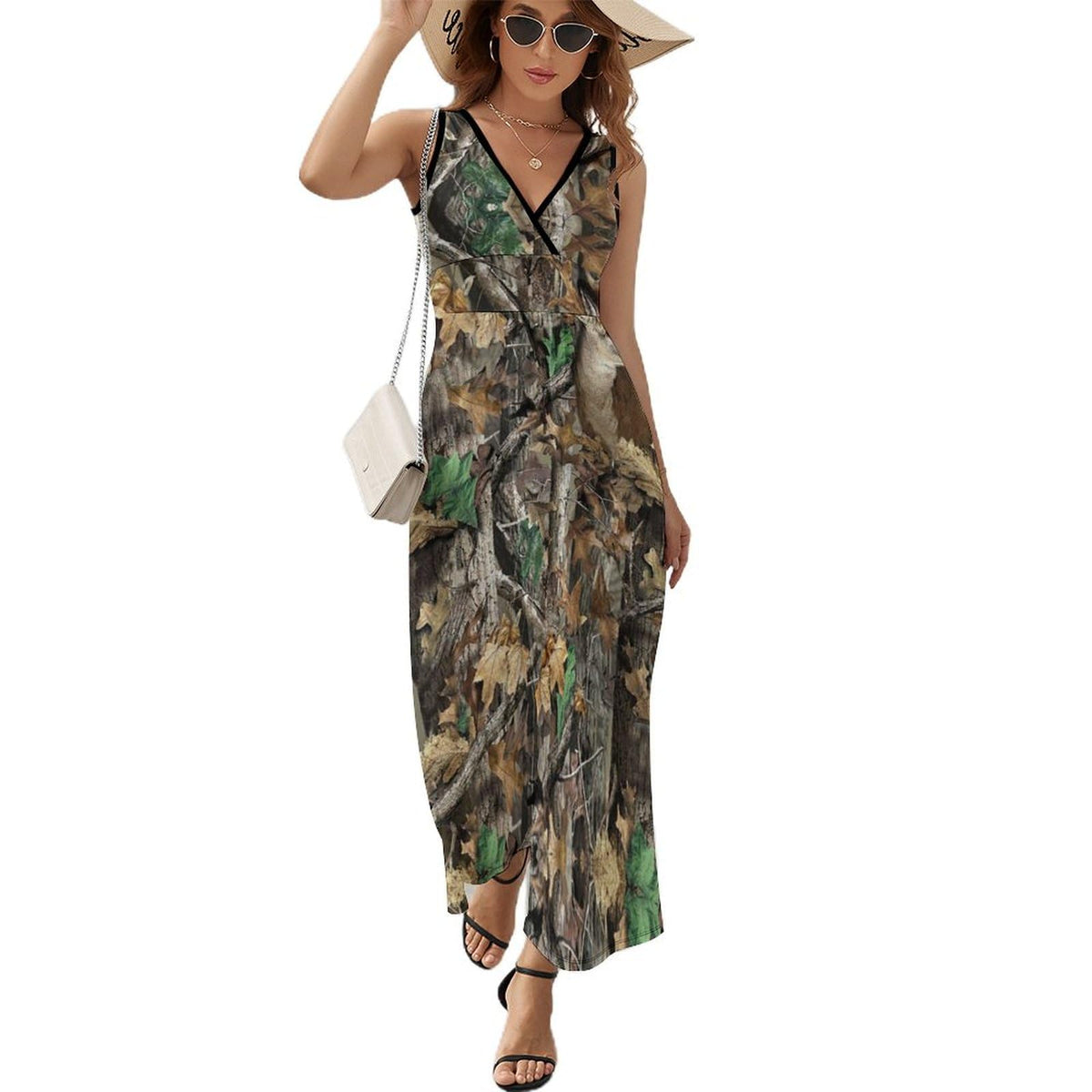 Robe longue d'été sans manches à col en V pour femme, motif camouflage cerf, idéale pour la chasse.