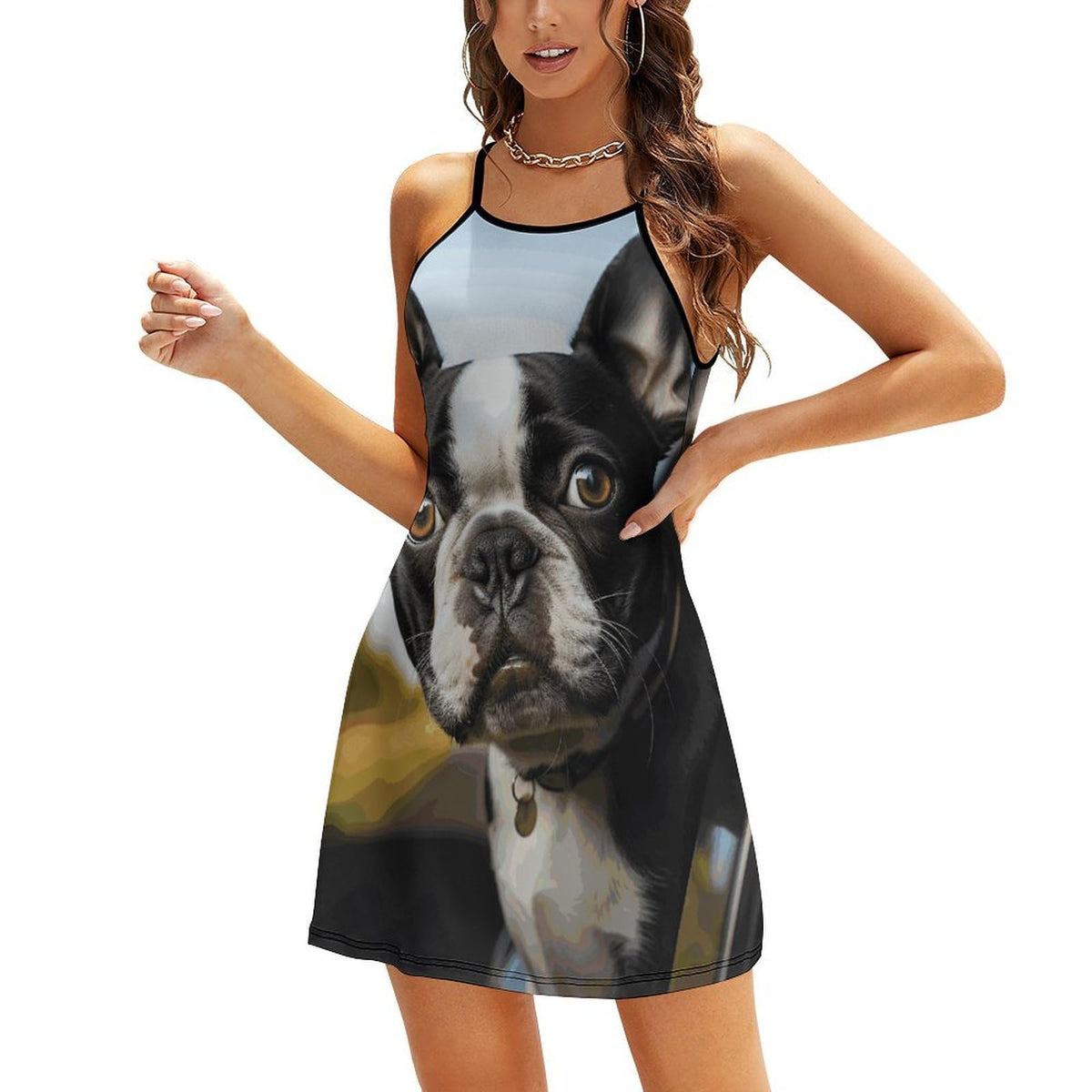 Robe d'été pour femme avec motif chiot Boston Terrier et bretelles spaghetti ajustables, mini robe décontractée à bretelles fines, robe de plage